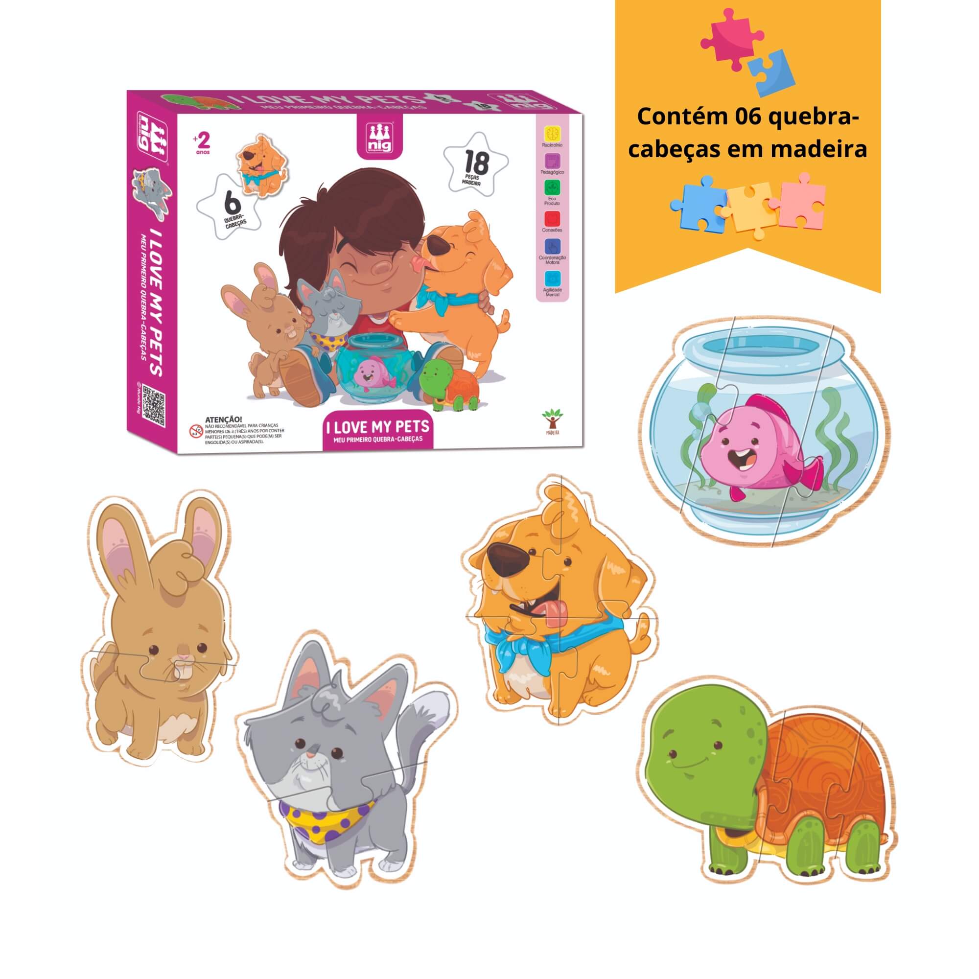 Quebra-Cabeça Infantil I Love My Pets 30 Peças Madeira NIG - 0439