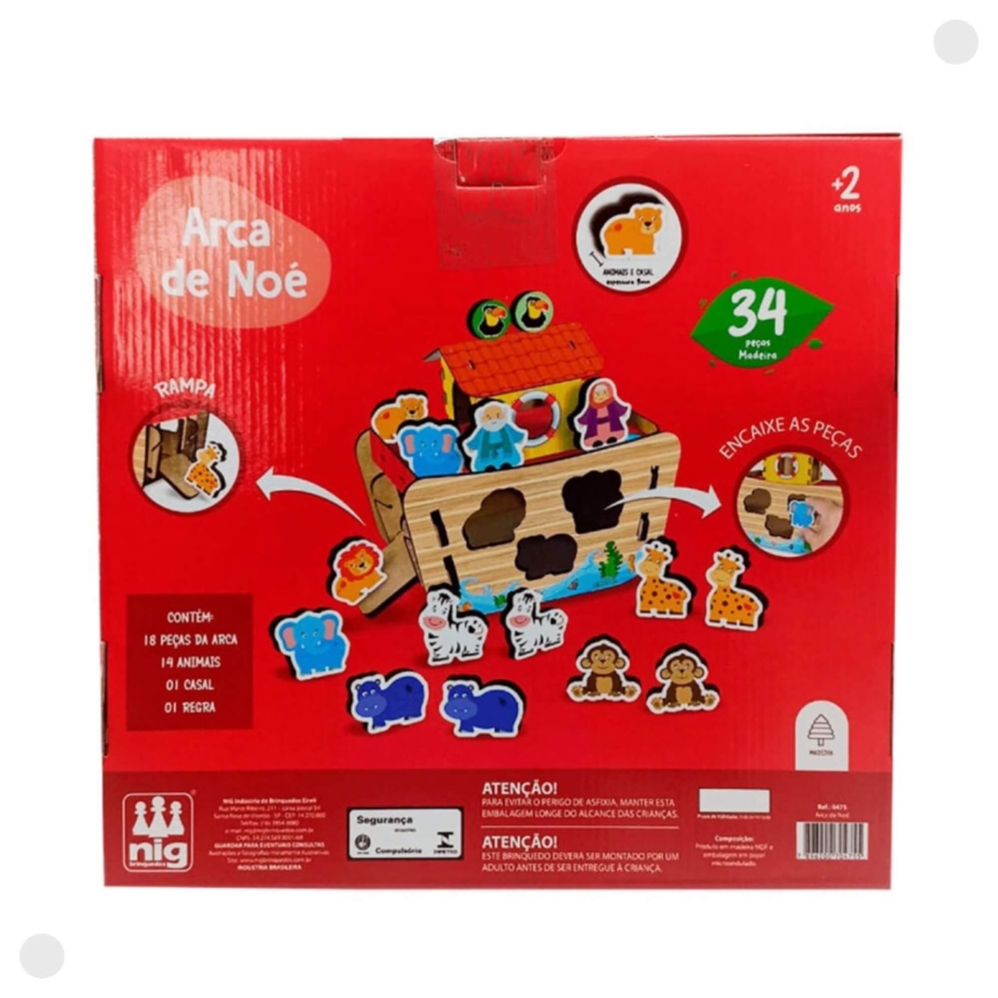Brinquedo de Madeira Arca de Noé 34 Peças Bebê Encaixe as Formas Nig - 0475
