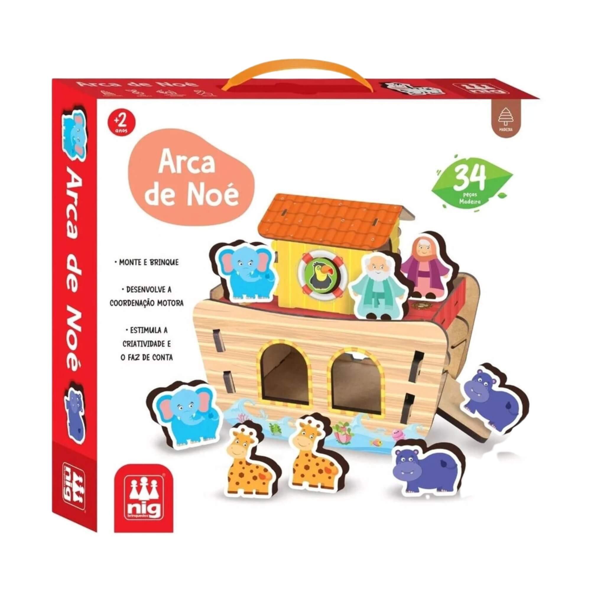 Brinquedo de Madeira Arca de Noé 34 Peças Bebê Encaixe as Formas Nig - 0475