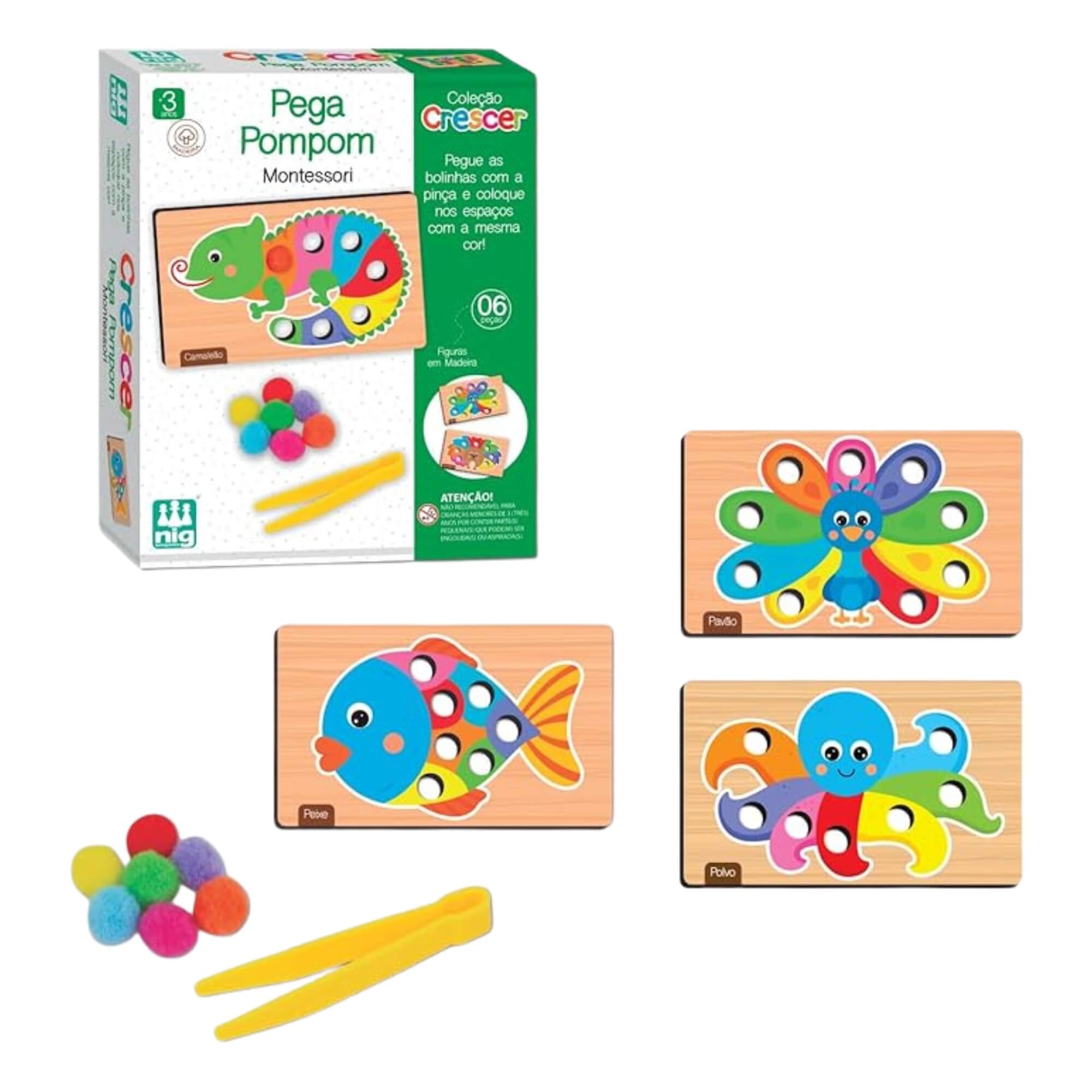 Brinquedo de Madeira Crescer Pega Pompom 6 Peças Infantil Nig - 0461