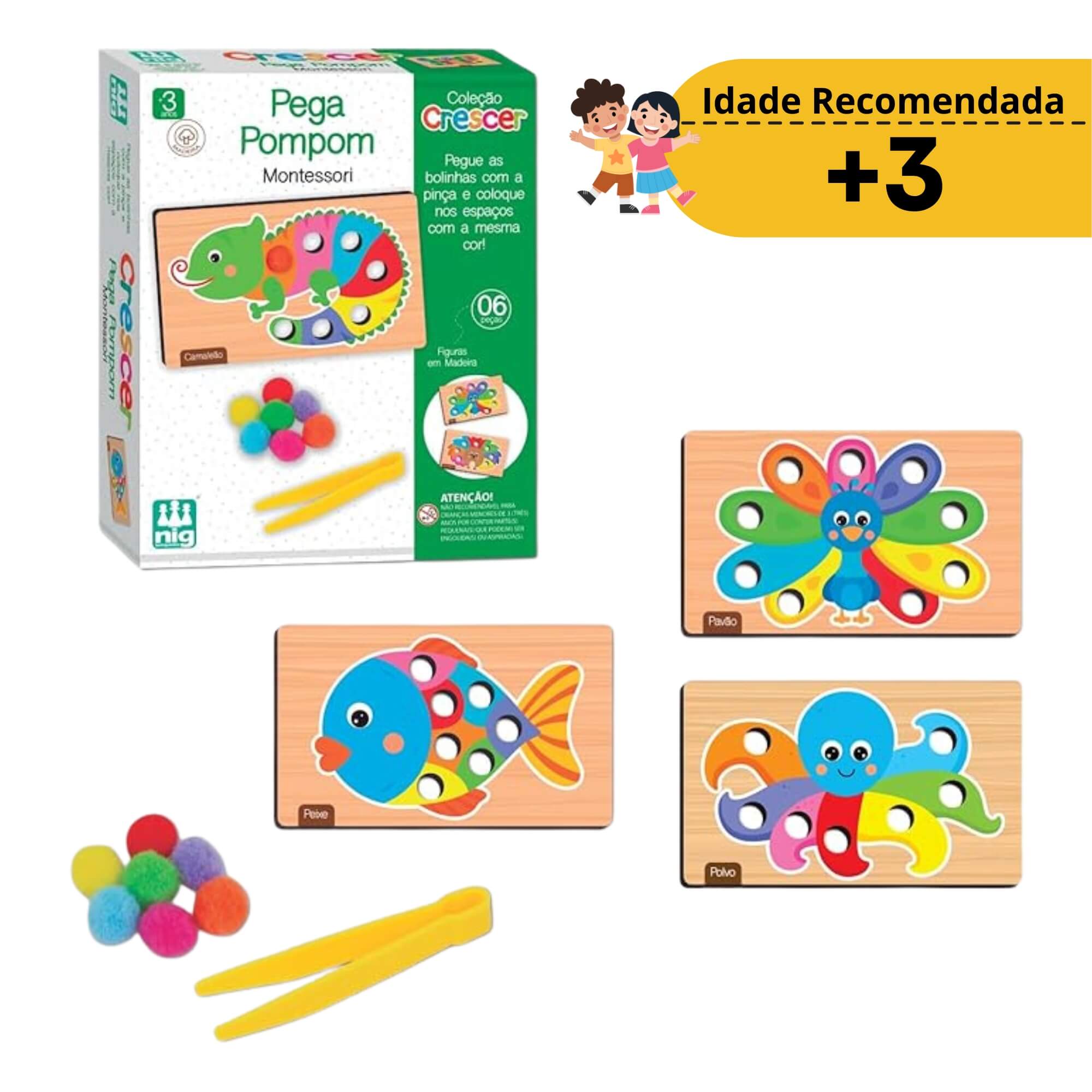Brinquedo de Madeira Crescer Pega Pompom 6 Peças Infantil Nig - 0461