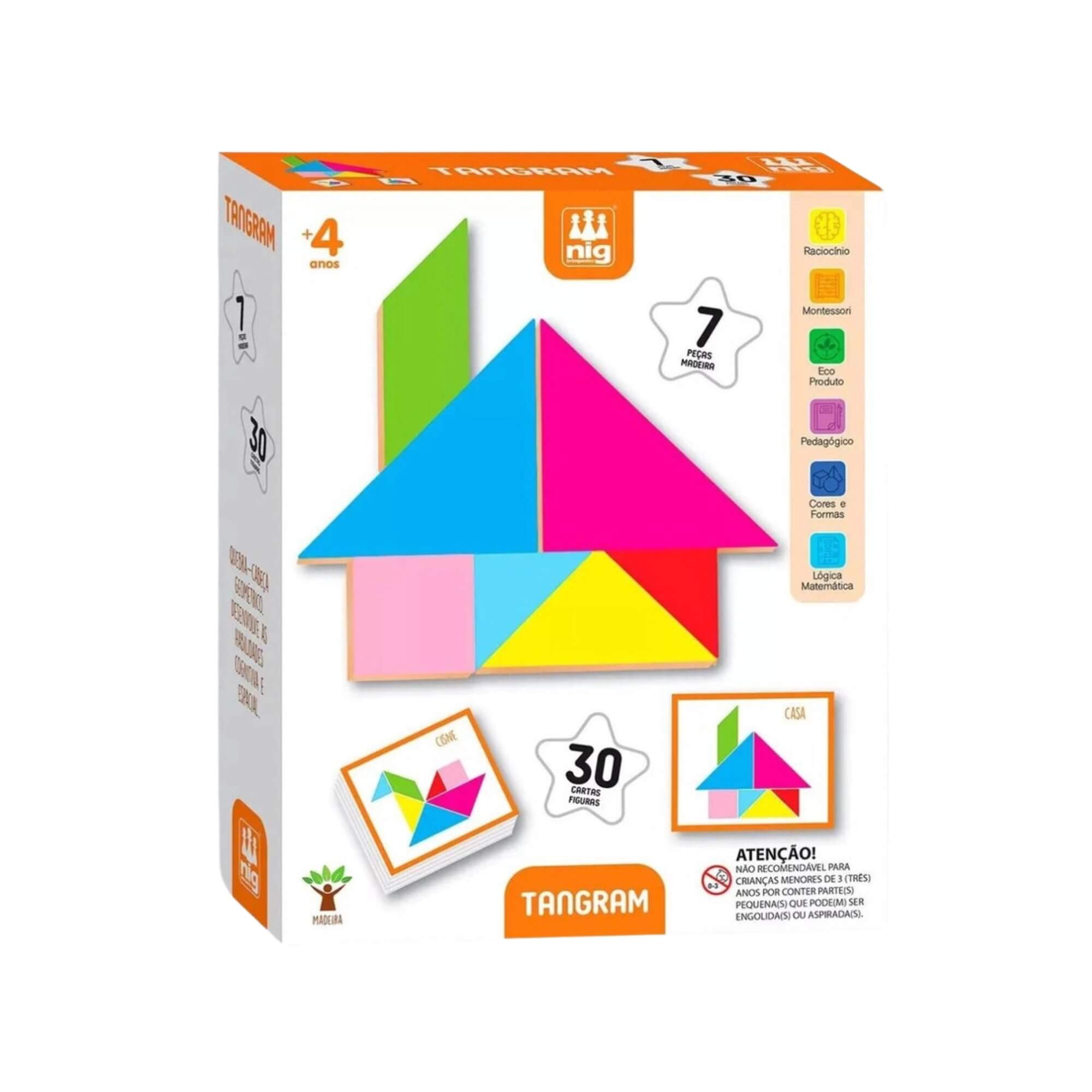 Brinquedo Infantil Quebra Cabeça Pedagógico Didático Tangram Geométrico em Madeira Nig - 0447