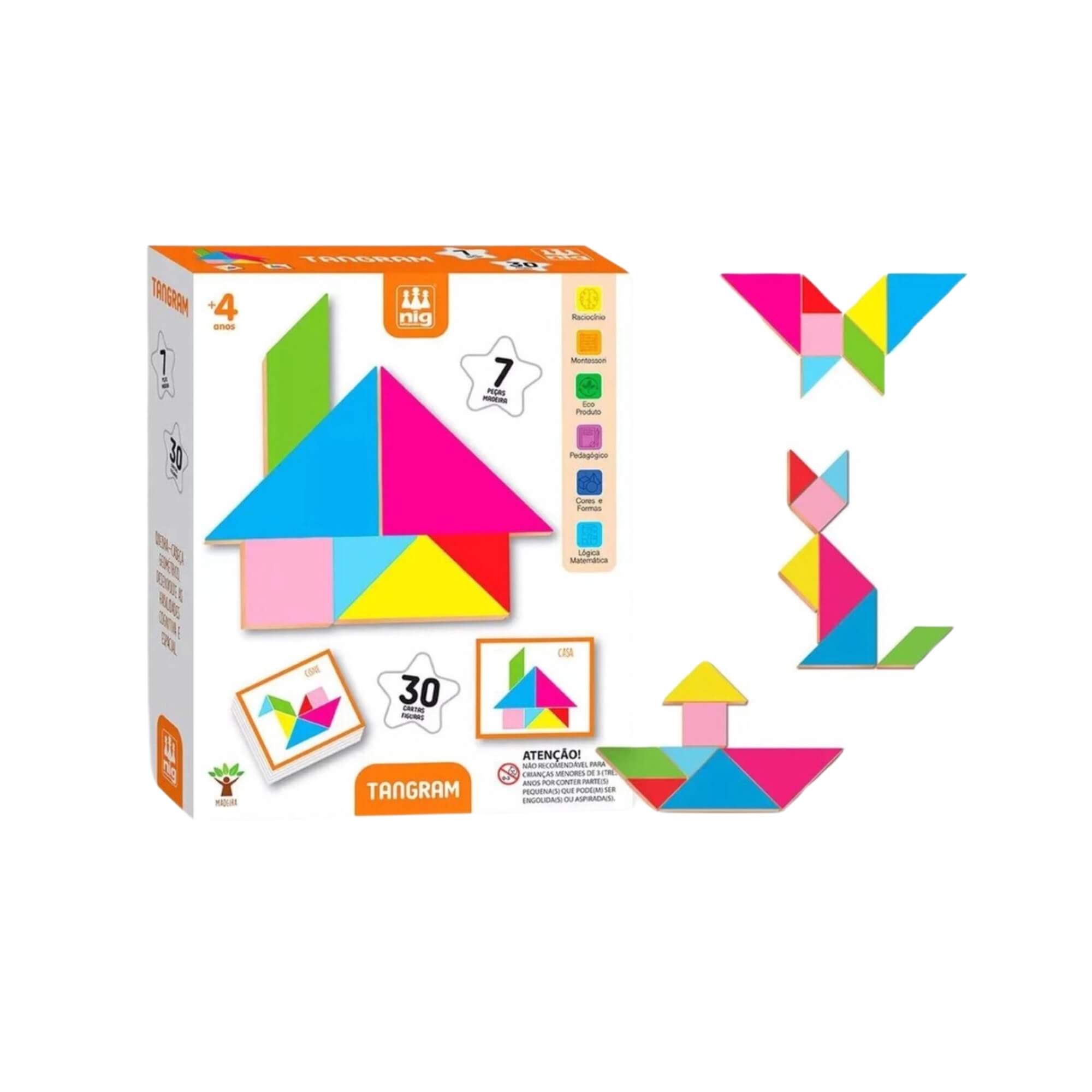 Brinquedo Infantil Quebra Cabeça Pedagógico Didático Tangram Geométrico em Madeira Nig - 0447