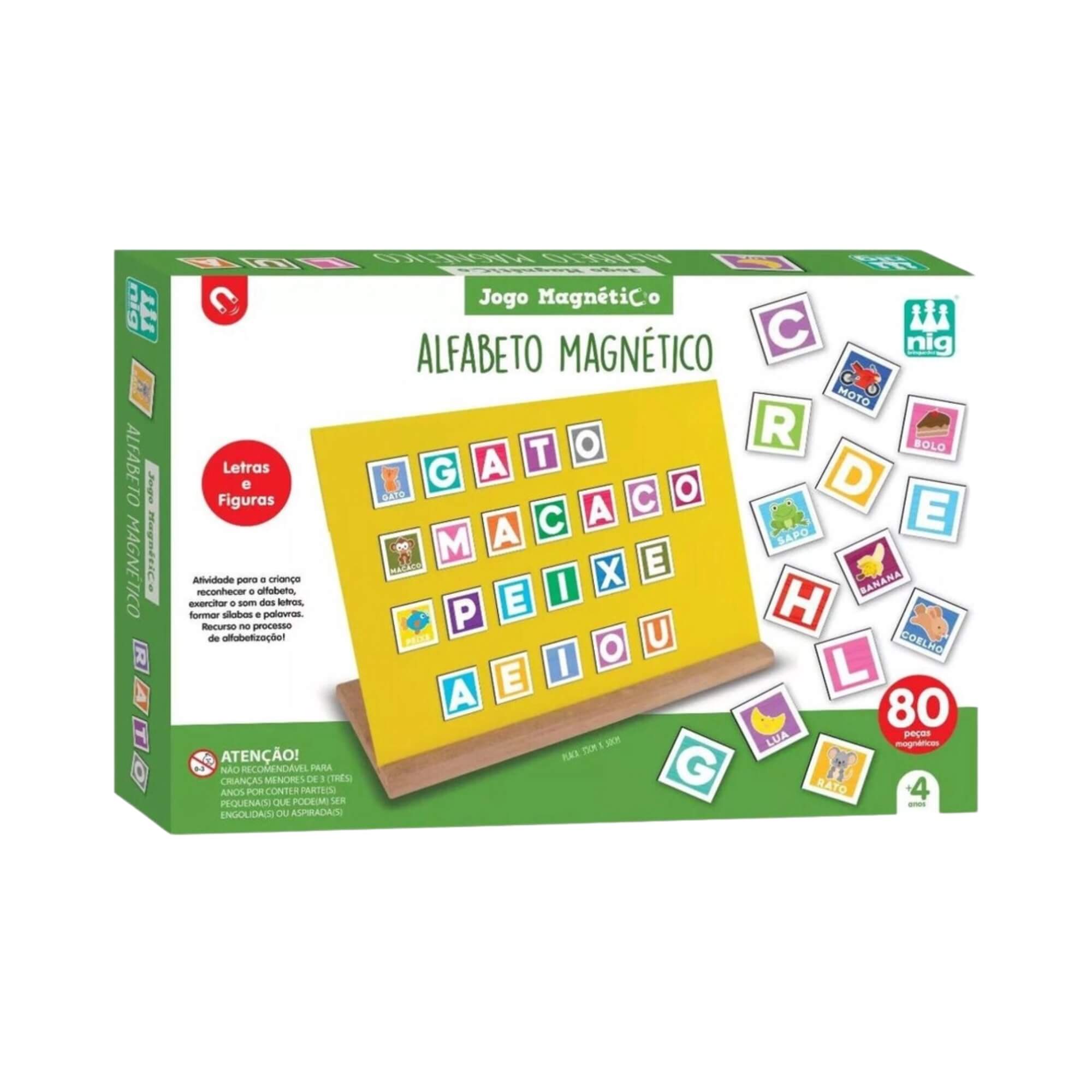Brinquedo Alfabeto Magnético Madeira Letras Figuras 80 Peças Nig - 0467