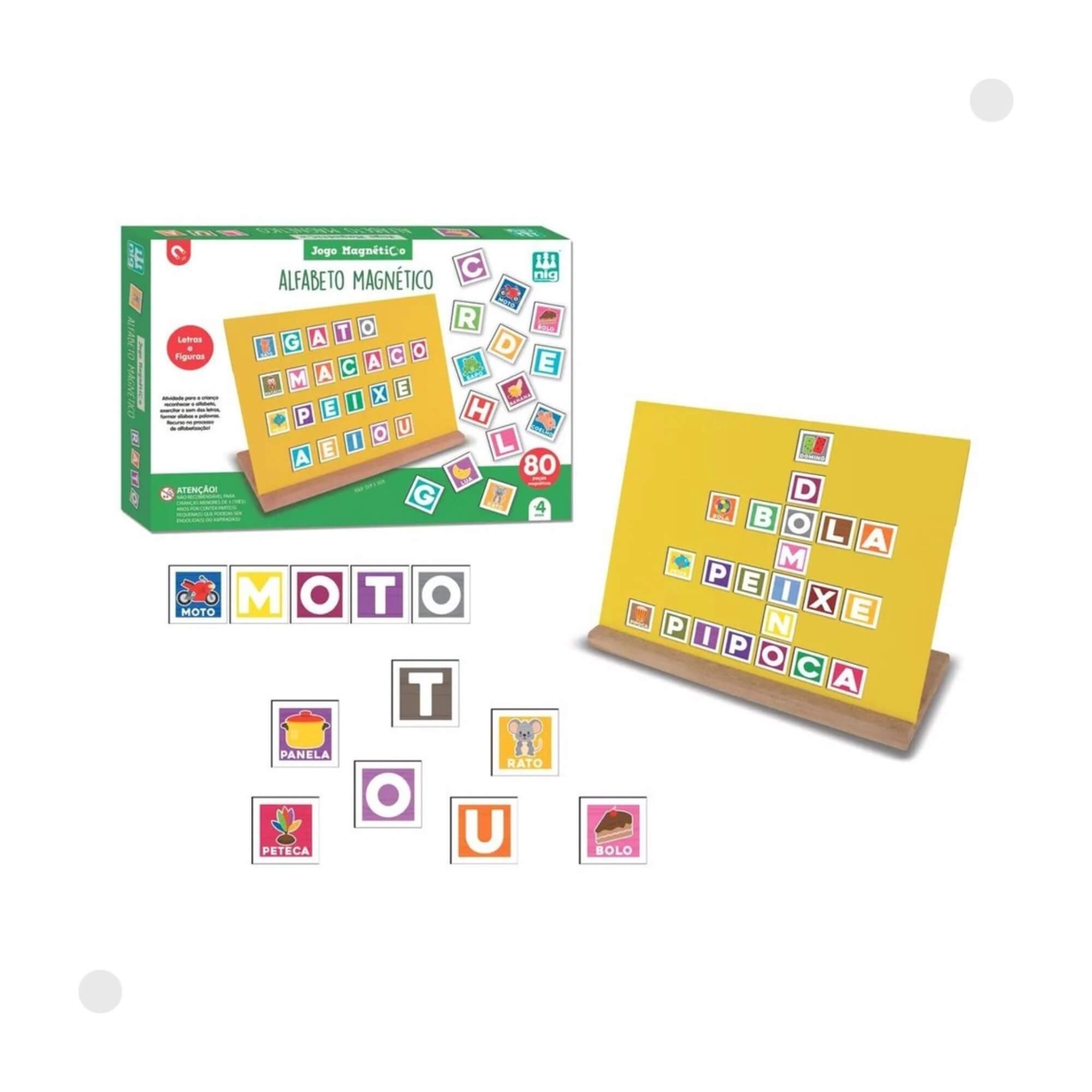 Brinquedo Alfabeto Magnético Madeira Letras Figuras 80 Peças Nig - 0467