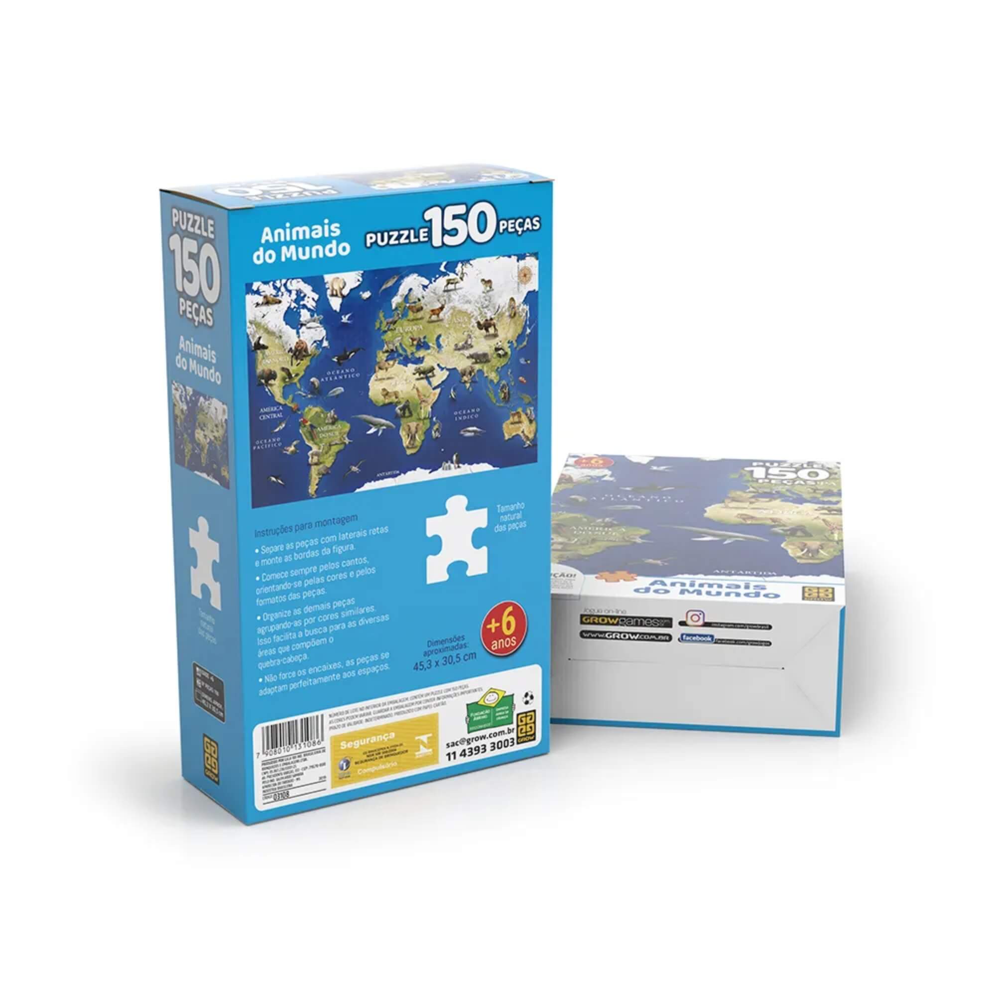 Brinquedo Infantil Quebra-Cabeça Puzzle Animais do Mundo 150 Peças Grow - 03108