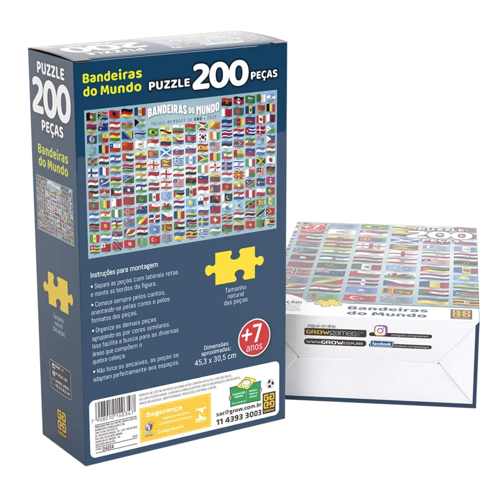Brinquedo Infantil Quebra-Cabeça Puzzle Bandeiras do Mundo 200 Peças Grow - 04034