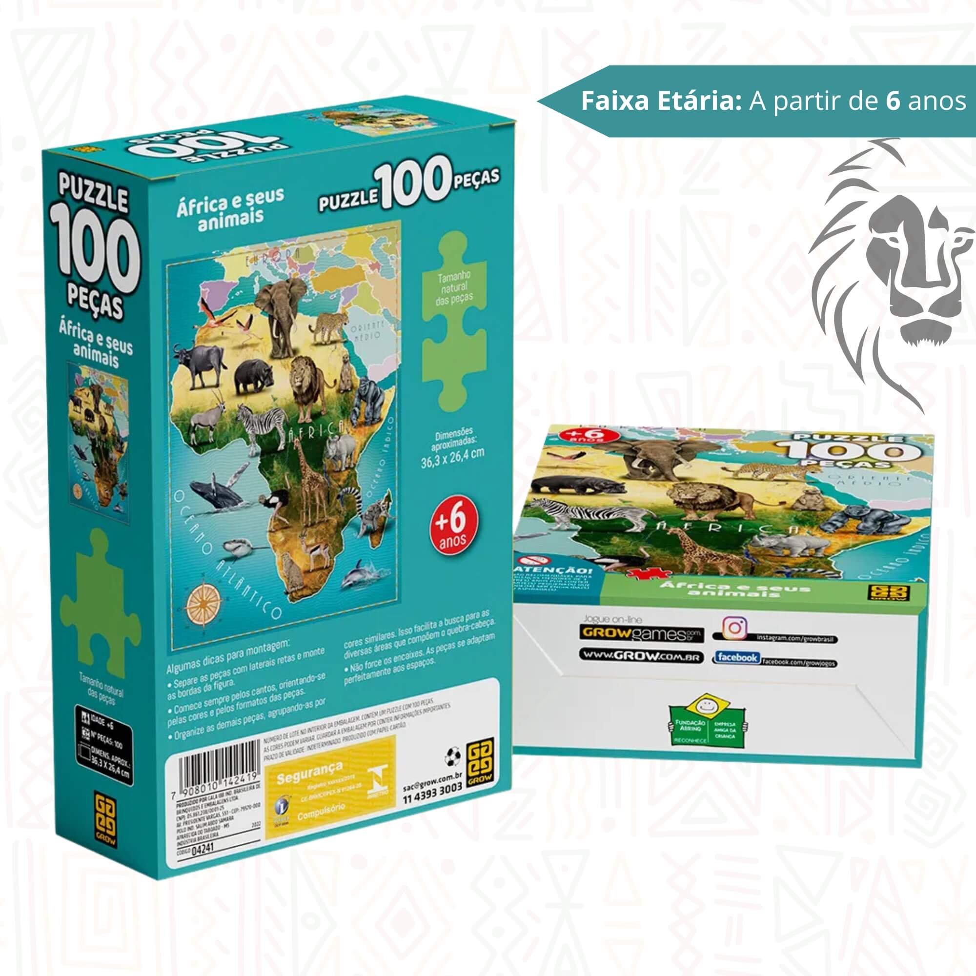 Brinquedo Quebra-Cabeça Puzzle África e seus Animais 100 peças Grow - 04241