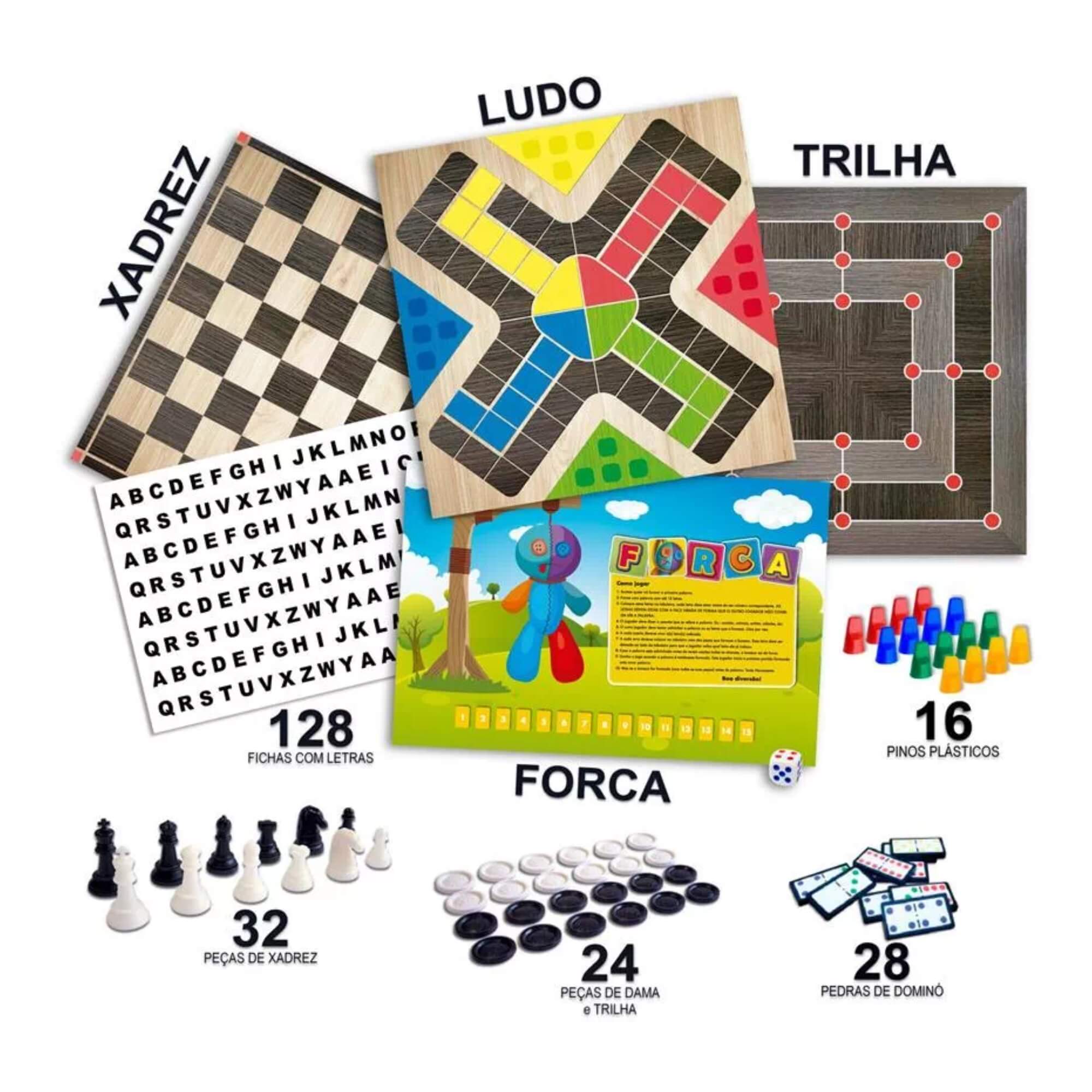 Jogos Clássicos 6 em 1 Dama, Xadrez, Ludo, Trilha, Forca e Dominó Pais e Filhos - 2759-1