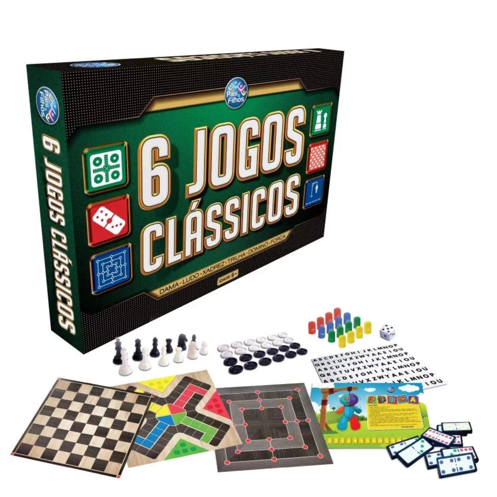 Jogos Clássicos 6 em 1 Dama, Xadrez, Ludo, Trilha, Forca e Dominó Pais e Filhos - 2759-1