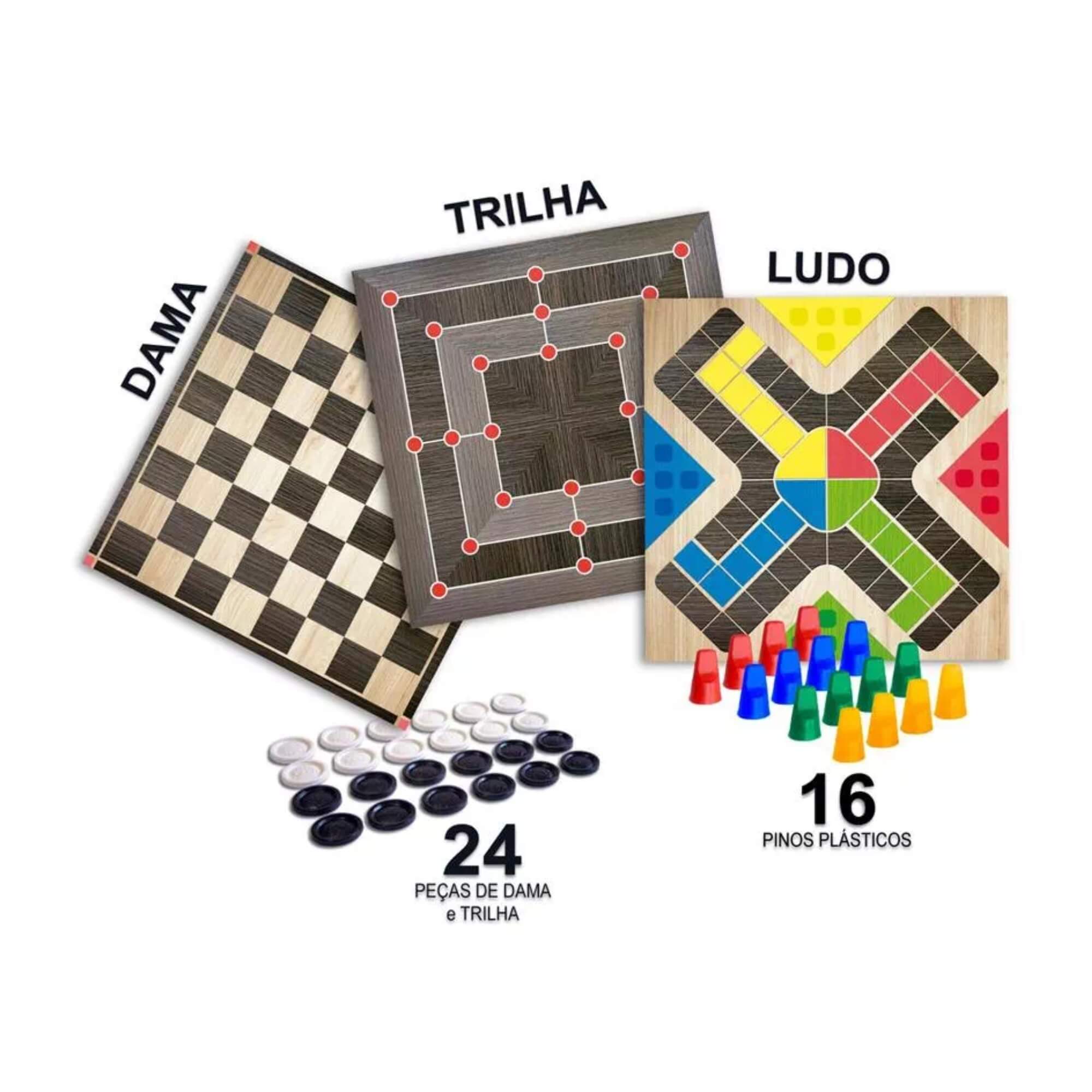 Jogos Clássicos de Tabuleiro Dama, Ludo e Trilha Pais e Filhos - 2801-1
