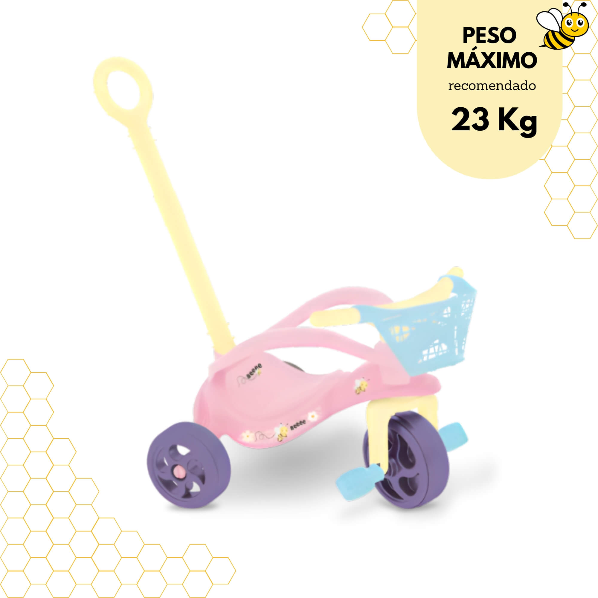 Triciclo Infantil Abelhinha com Empurrador, Proteção e Cestinha Xalingo - 10909