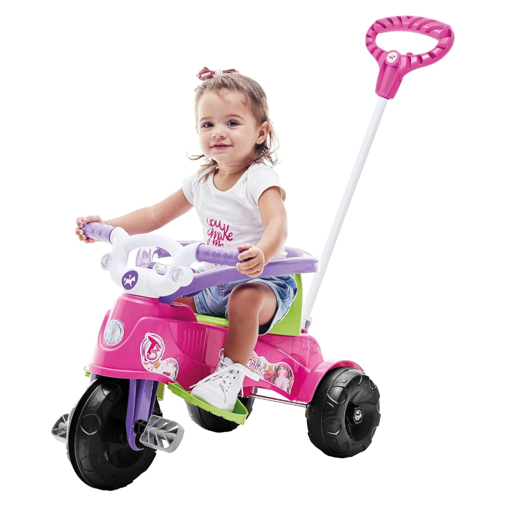 Triciclo Infantil Tatetico Rosa com Empurrador e Pedal 2 em 1 Calesita - 0939
