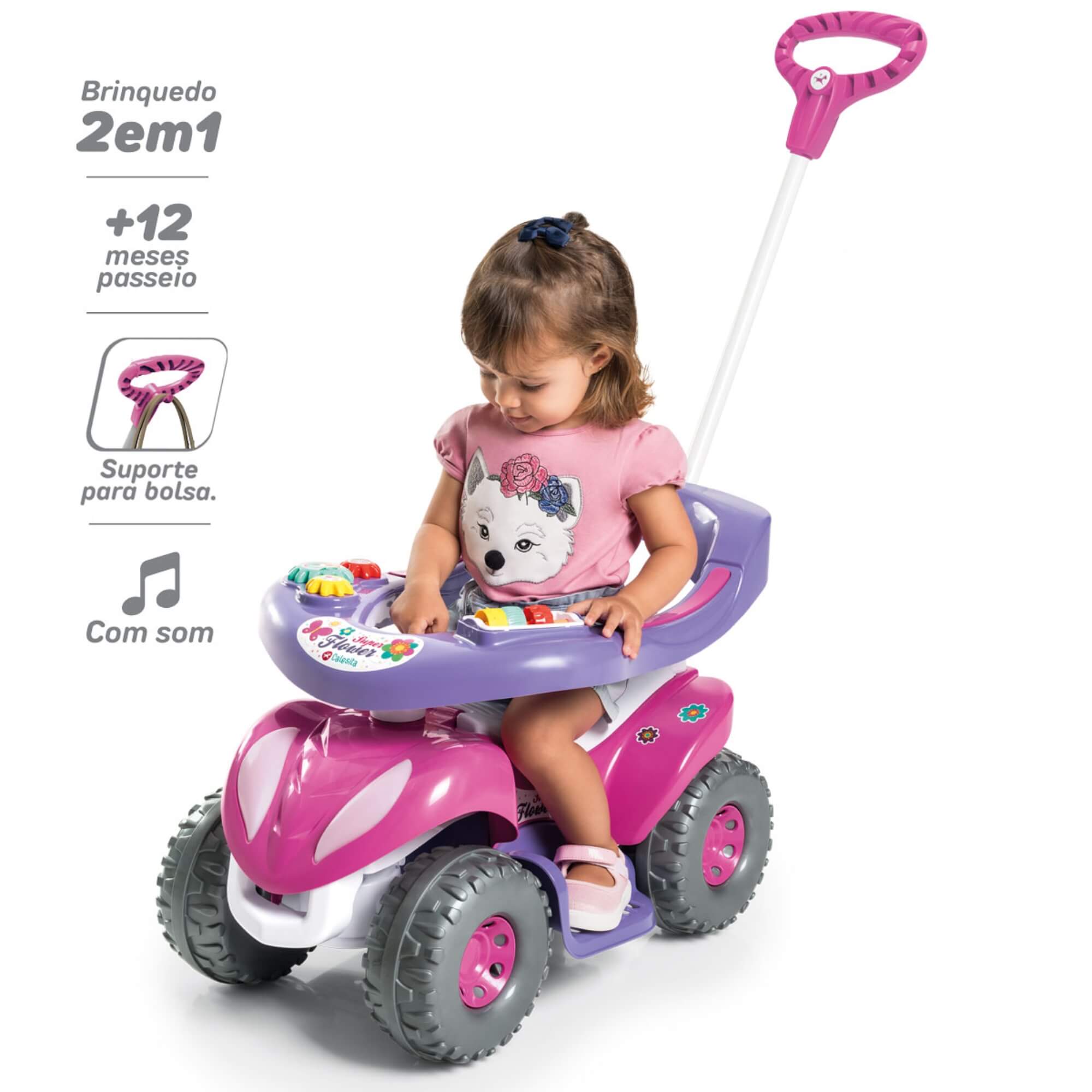 Quadriciclo Infantil Super Flower Rosa com Empurrador Calesita - 0943