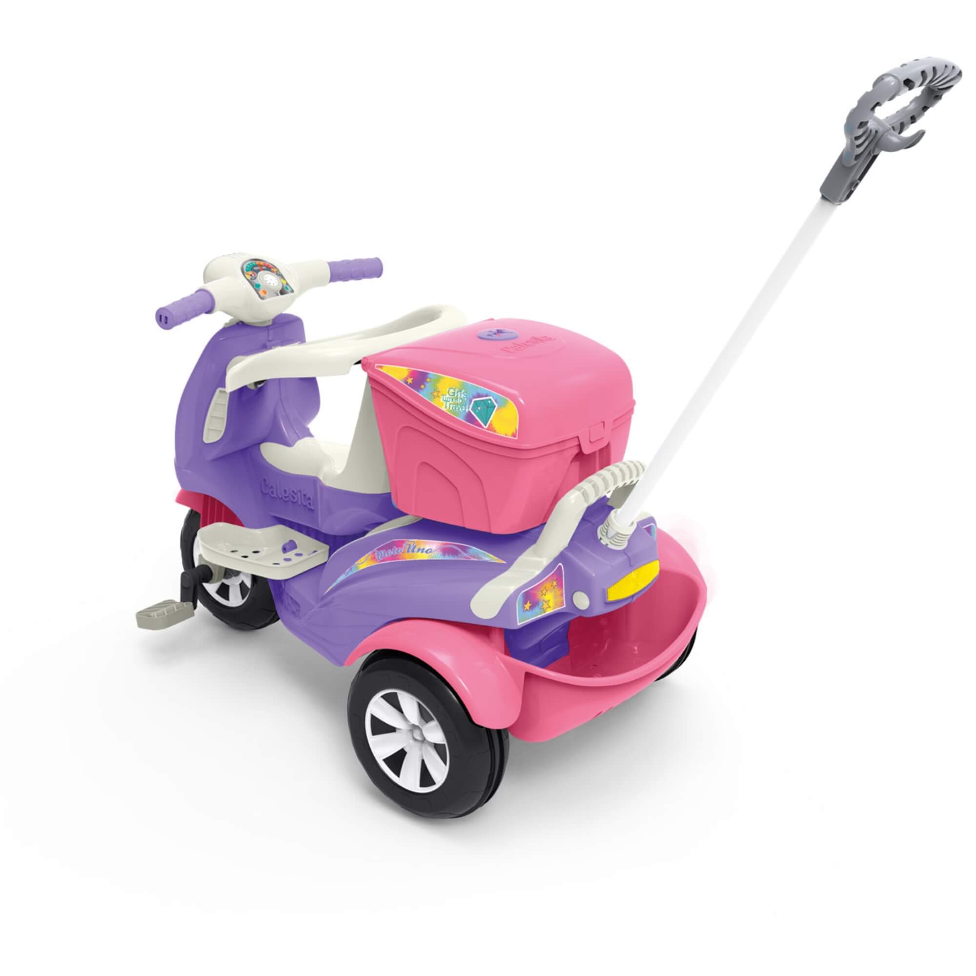 Triciclo Infantil Moto Uno Rosa com Pedal e Empurrador Calesita - 1036