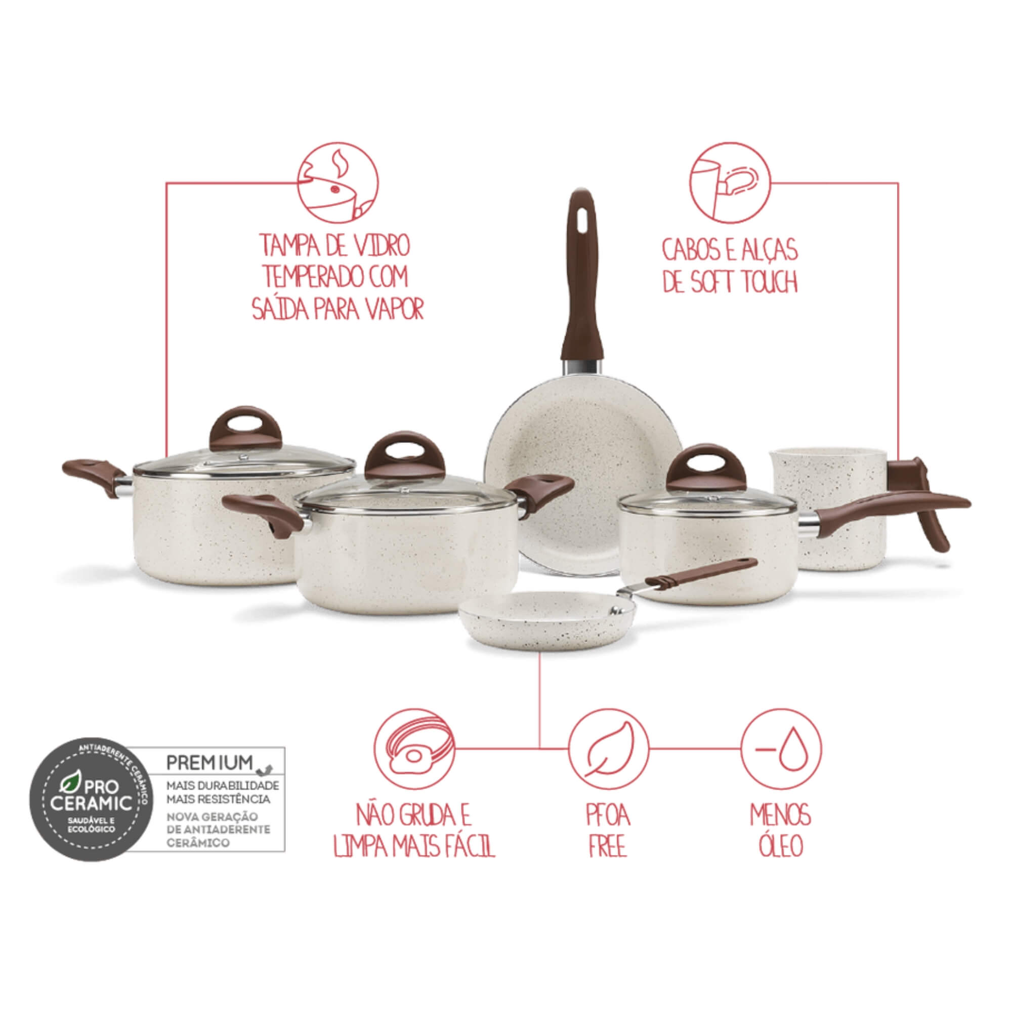 Conjunto de Panelas Antiaderente Ceramic Life Smart Plus Vanilla 6 Peças Brinox - 4791/102 (N/A)