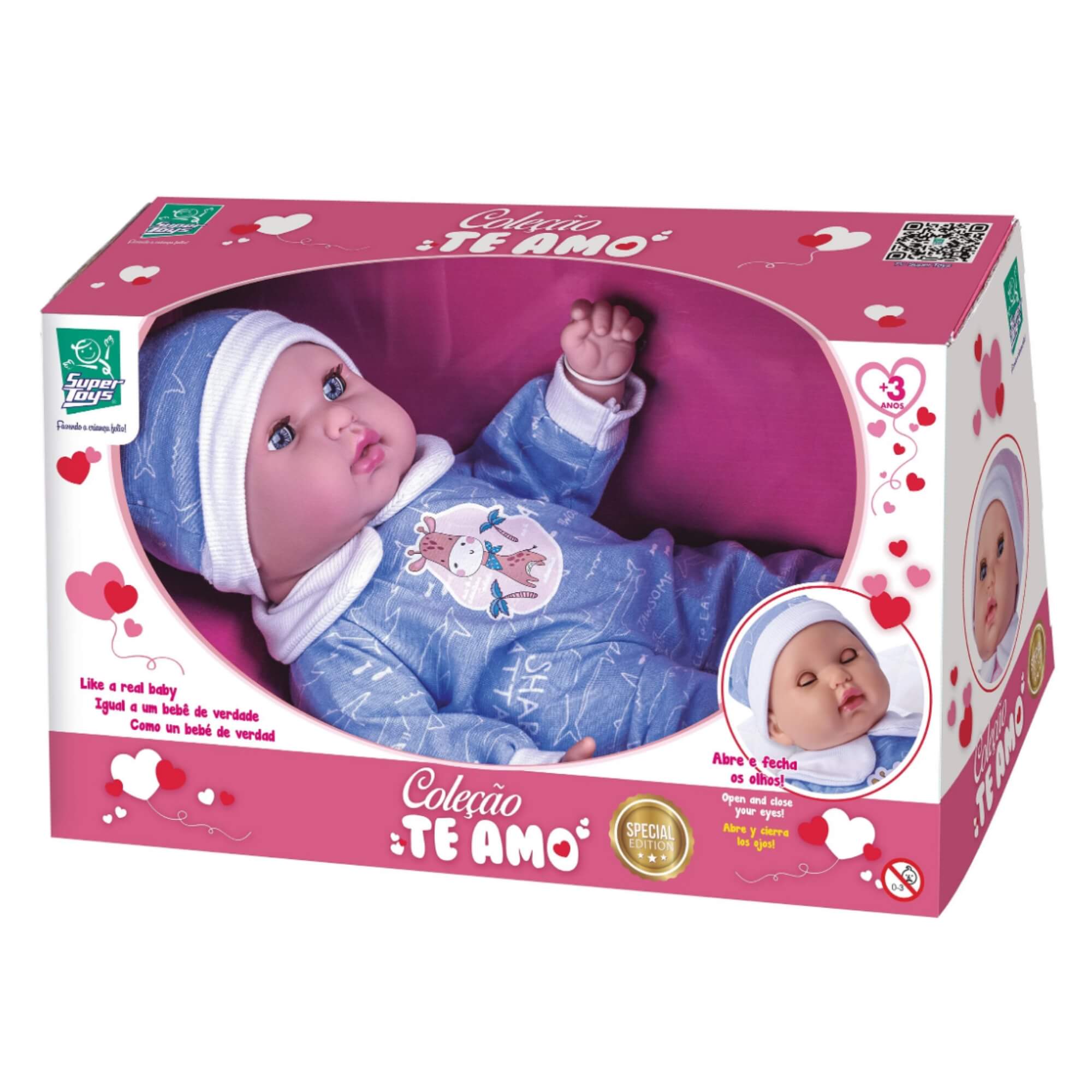 Boneca Mini Coleção Te Amo Bebê Menino Abre e Fecha os Olhos Super Toys - 576