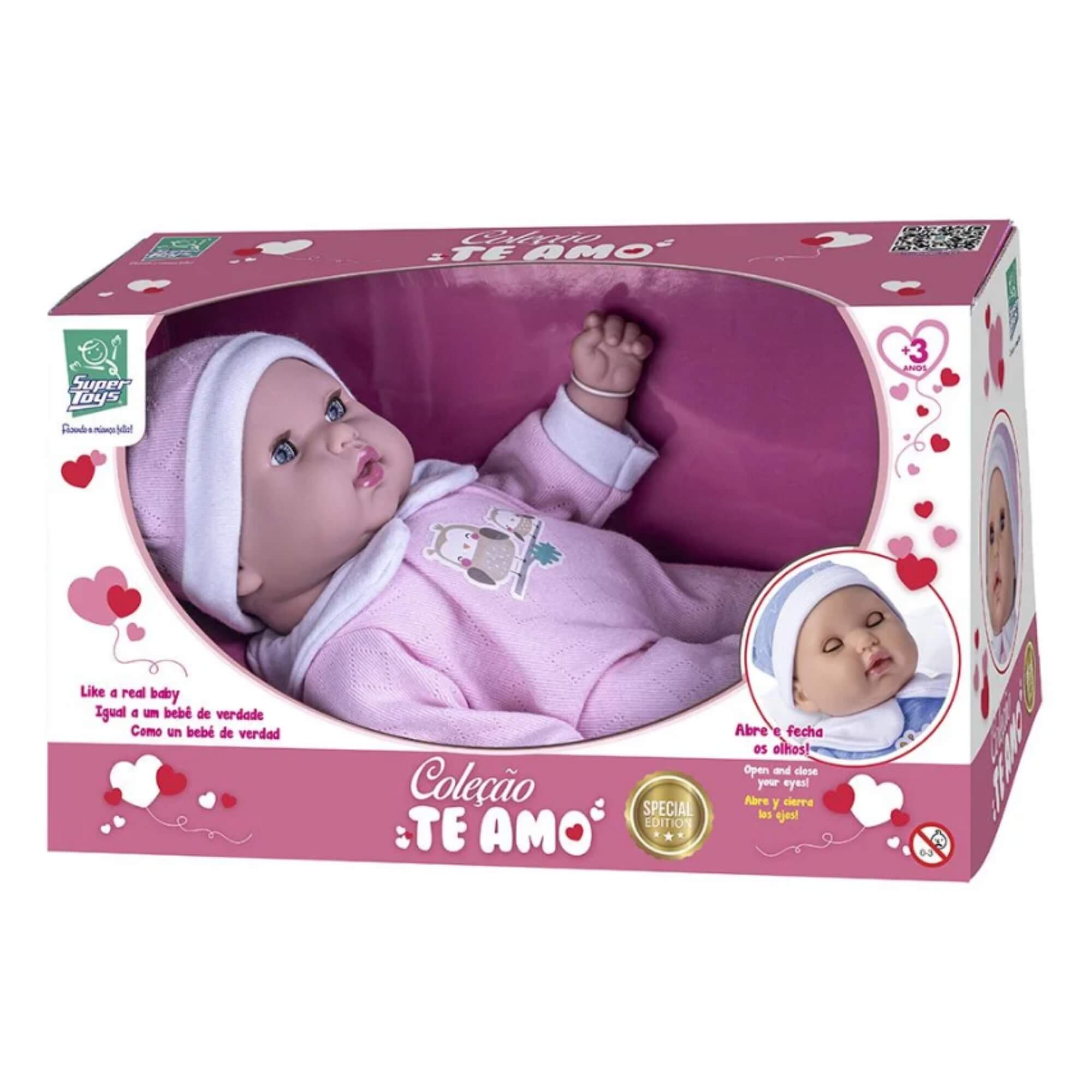 Boneca Coleção Te Amo Bebê Menina Abre e Fecha os Olhos Super Toys - 577