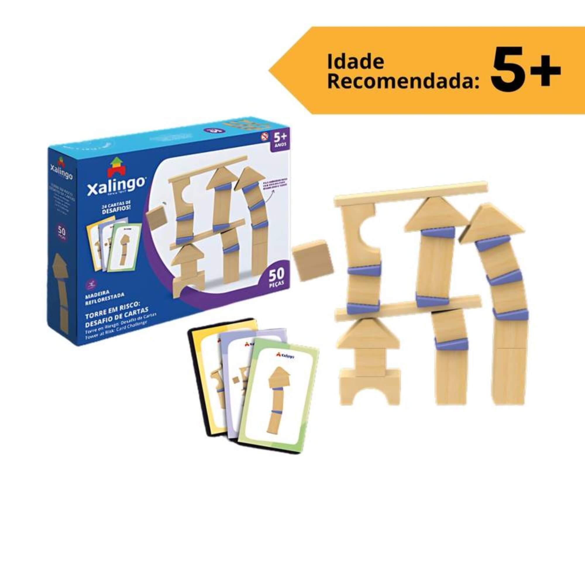 Jogo Infantil Torre em Risco Desafio das Cartas 50 Peças Xalingo - 67809