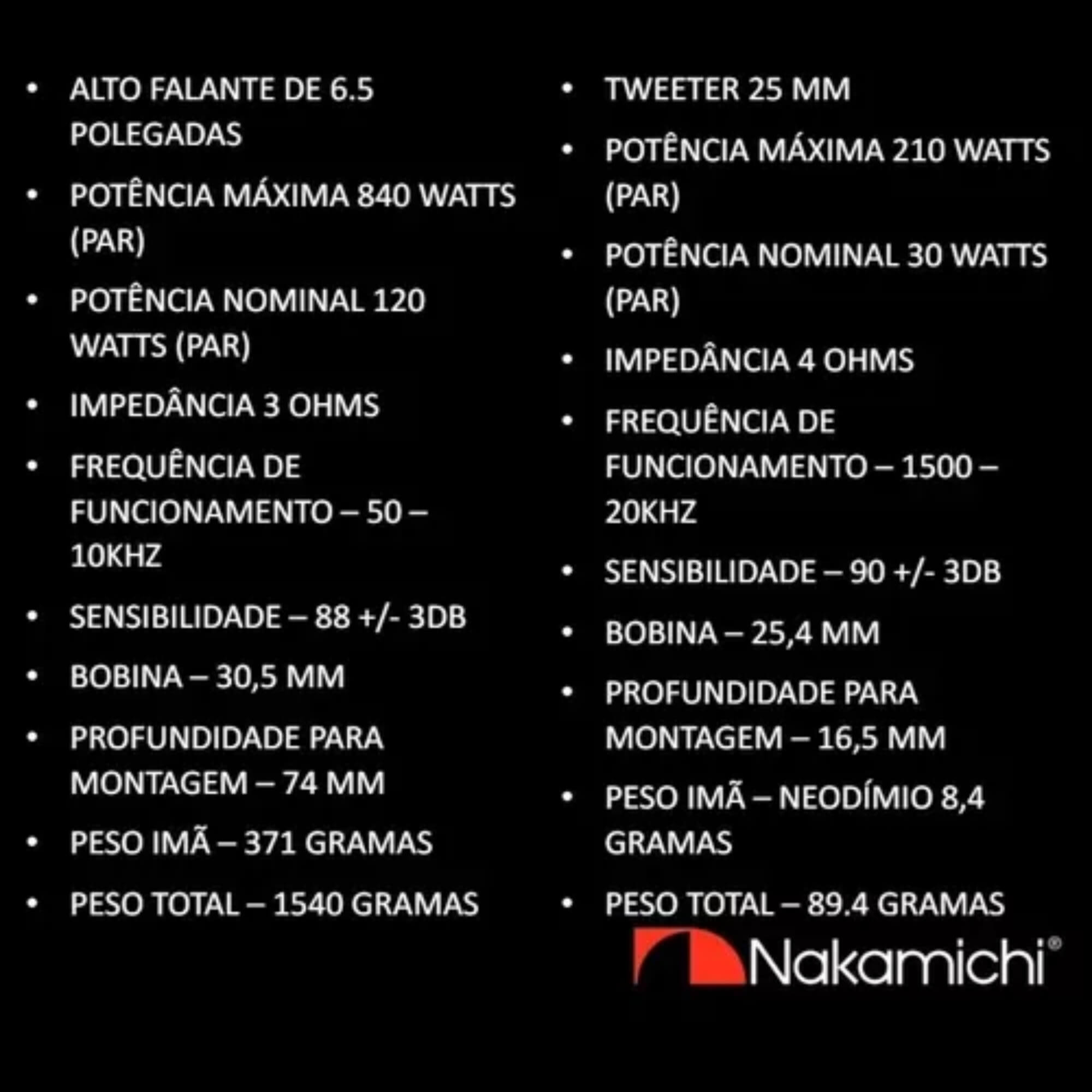 Kit 2 Vias Alto Falante 6.5'' Pol Tweeters e Crossovers Passivos 50Hz a 20Khz Nakamichi - NSI-CS670