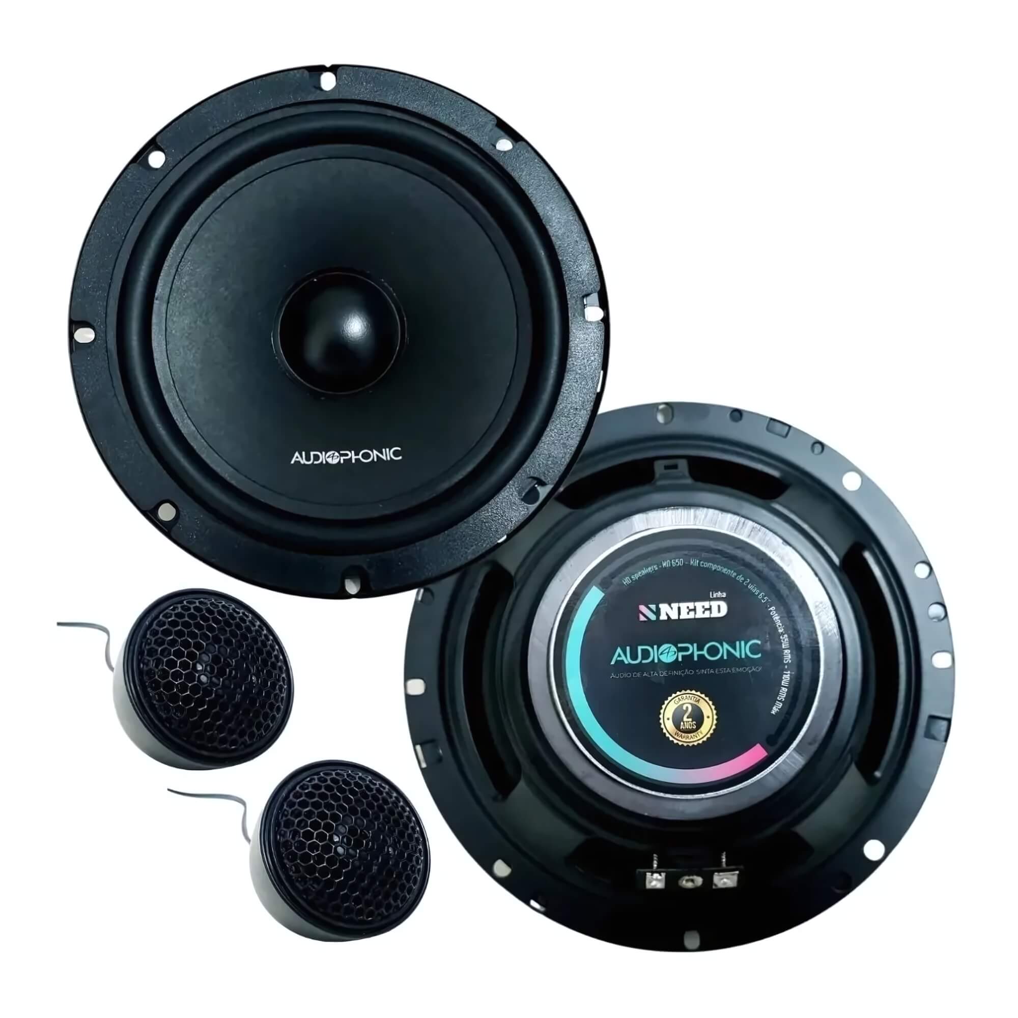 Kit 2 Vias Alto Falante 6,5" Pol Cone de Celulose Tweeter de Seda 4 Ohms Audiophonic - KN 650