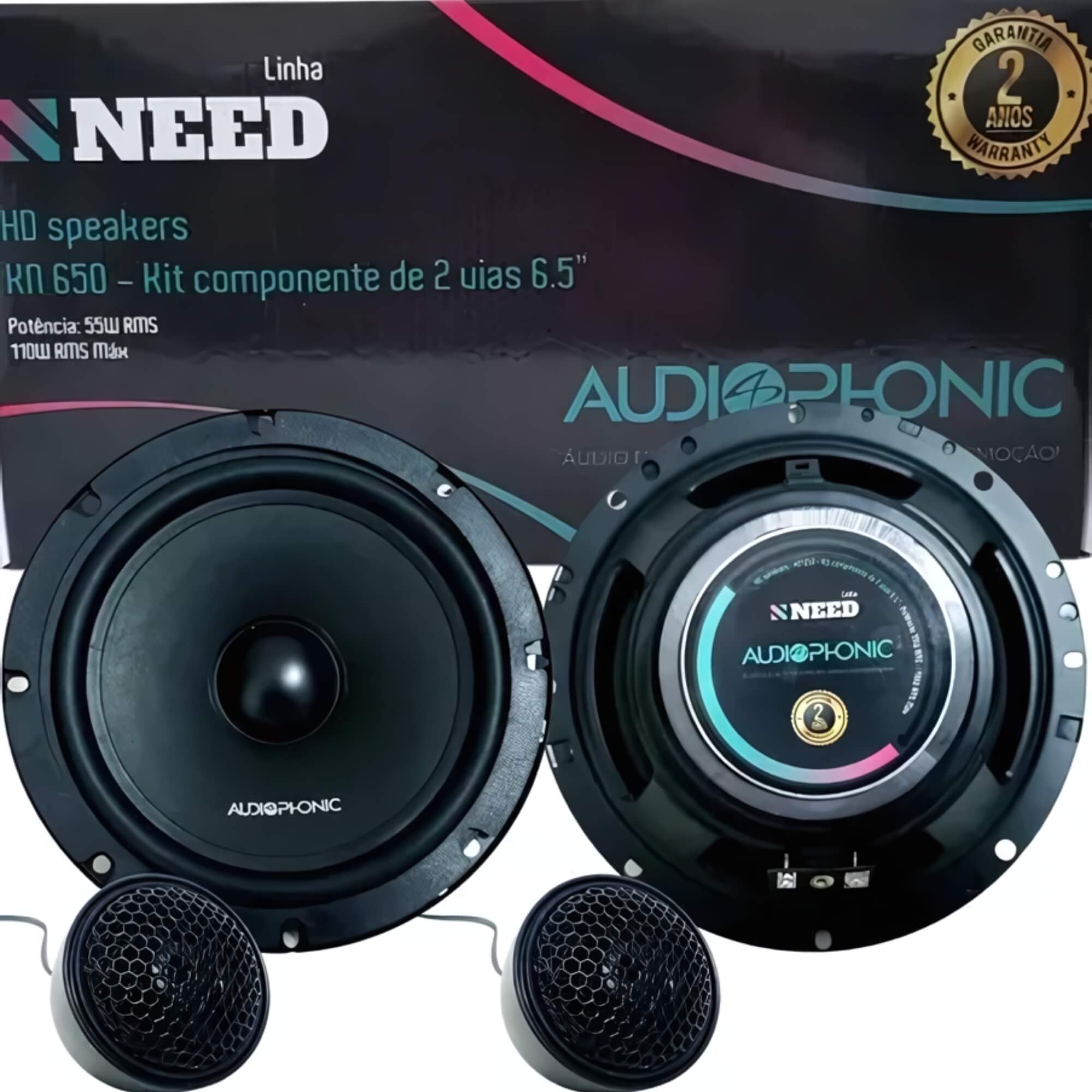Kit 2 Vias Alto Falante 6,5" Pol Cone de Celulose Tweeter de Seda 4 Ohms Audiophonic - KN 650