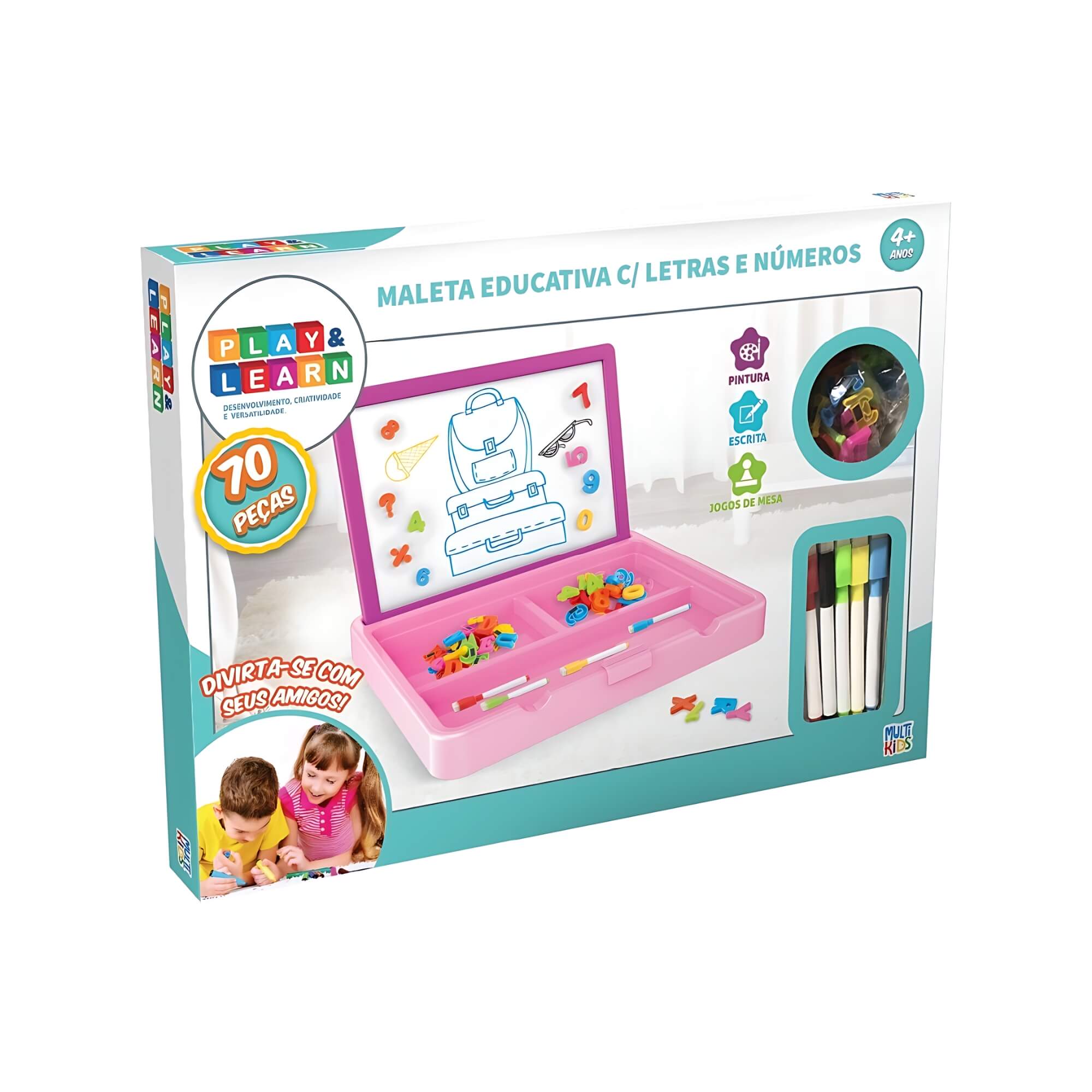 Maleta Educativa Rosa com Letras, Números e Lousa 2 Em 1 Play e Learn Multikids - BR1793