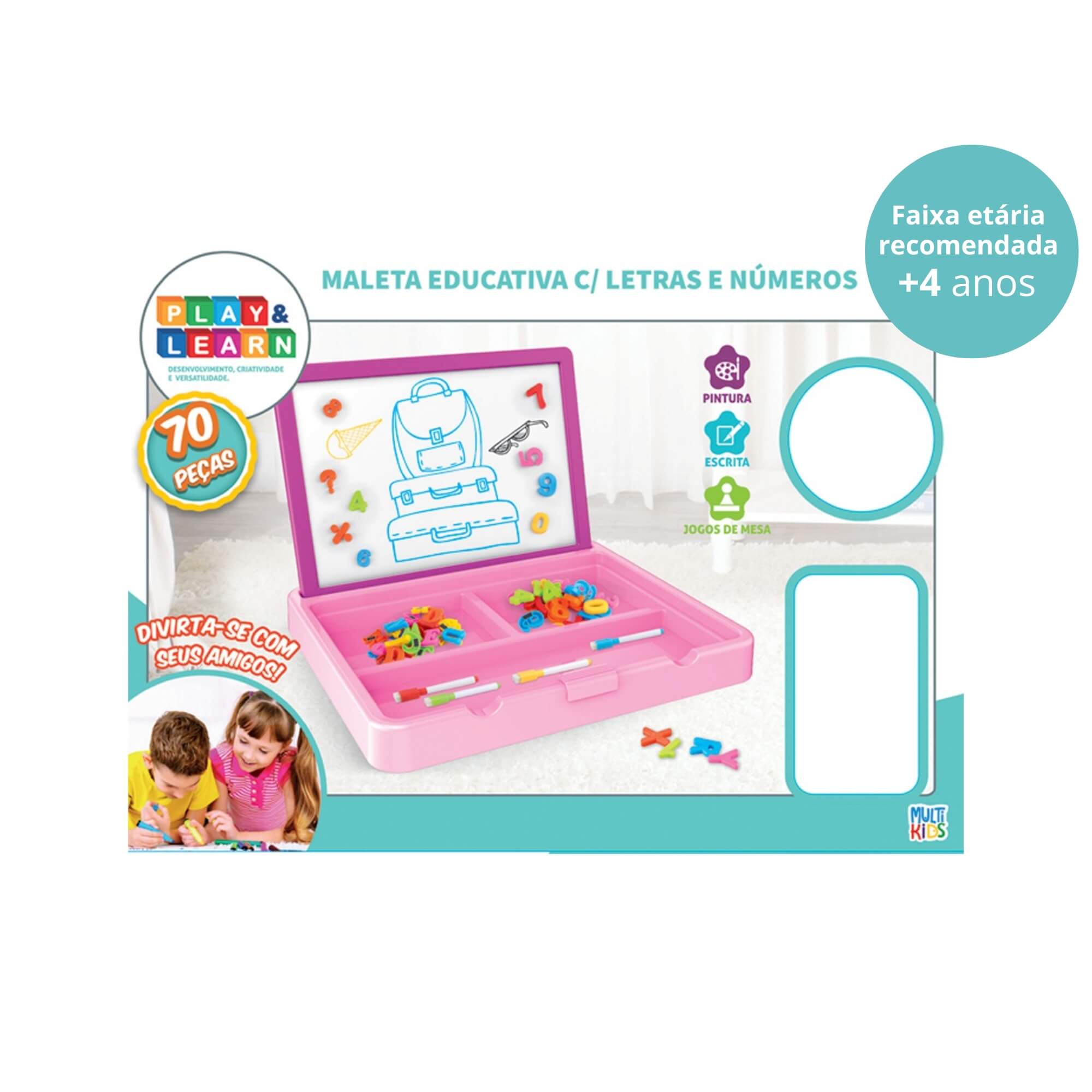 Maleta Educativa Rosa com Letras, Números e Lousa 2 Em 1 Play e Learn Multikids - BR1793