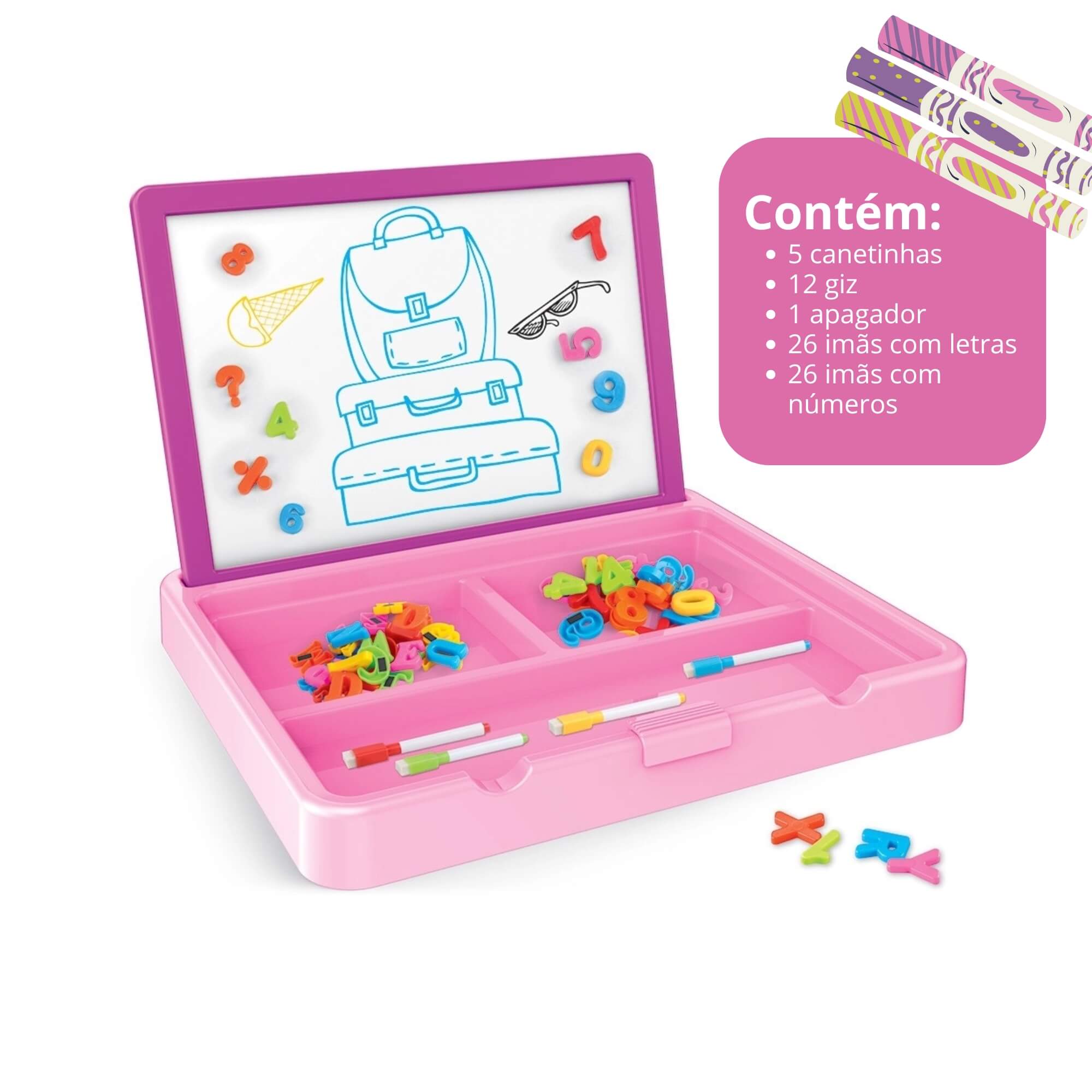Maleta Educativa Rosa com Letras, Números e Lousa 2 Em 1 Play e Learn Multikids - BR1793