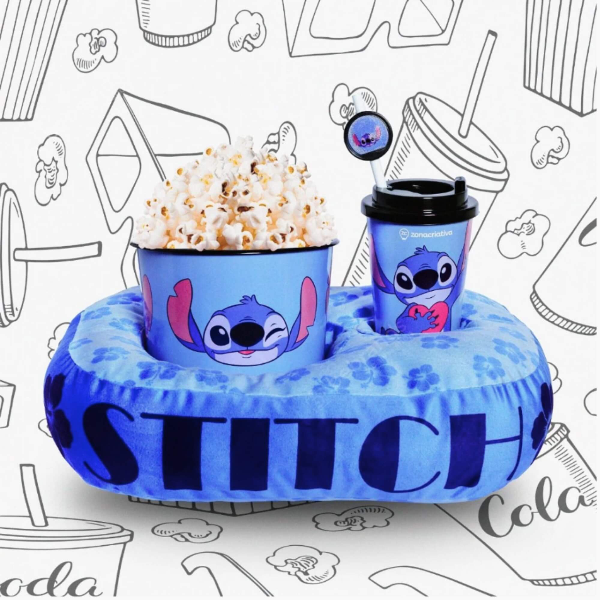 Kit Almofada Pipoca Infantil Stitch Fibra Veludo Azul Zona Criativa - 10065191