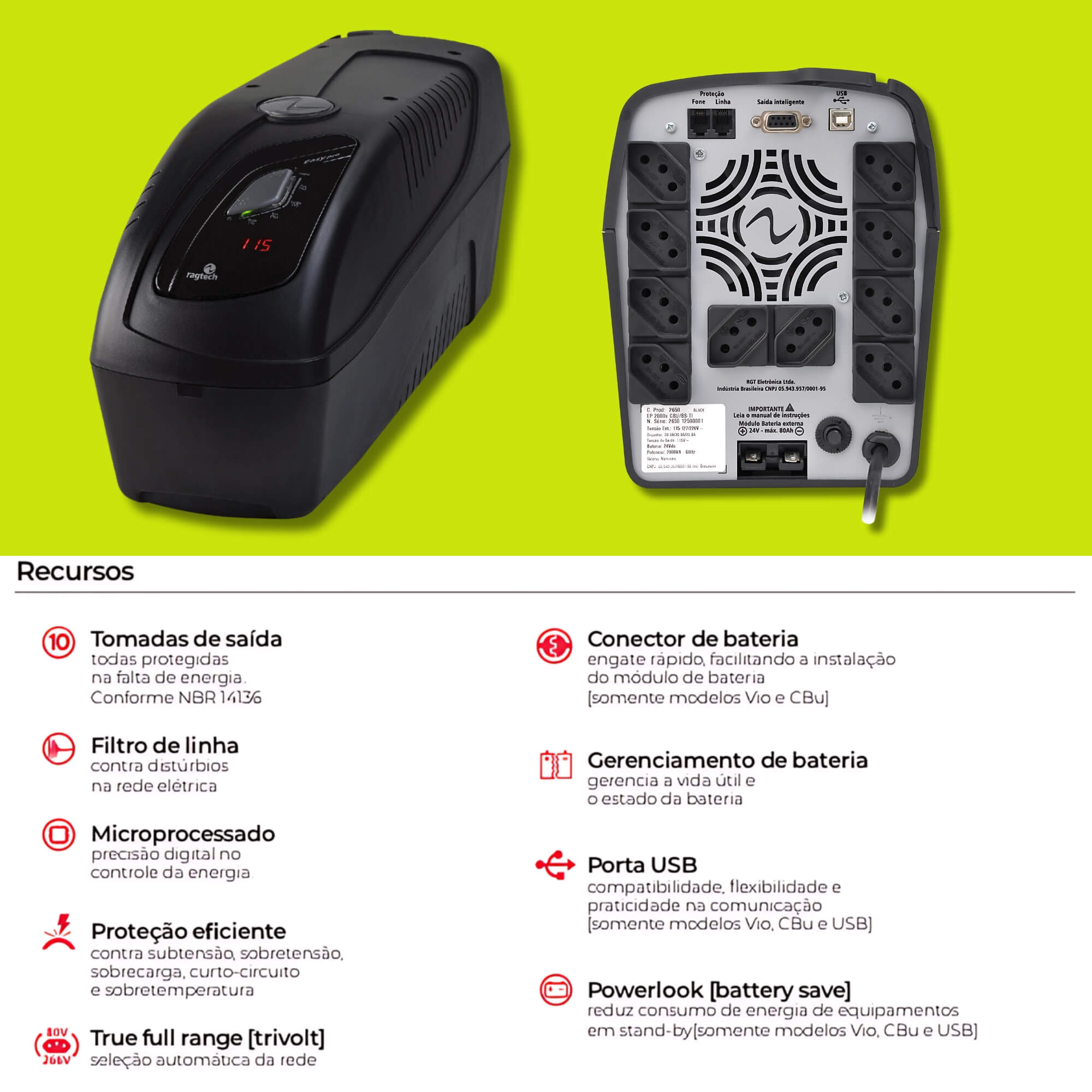 Nobreak Easy Pro 3200VA Senoidal Entrada Trivolt Saída 115V Bateria 10 Tomadas Ragtech - 20NEP4061