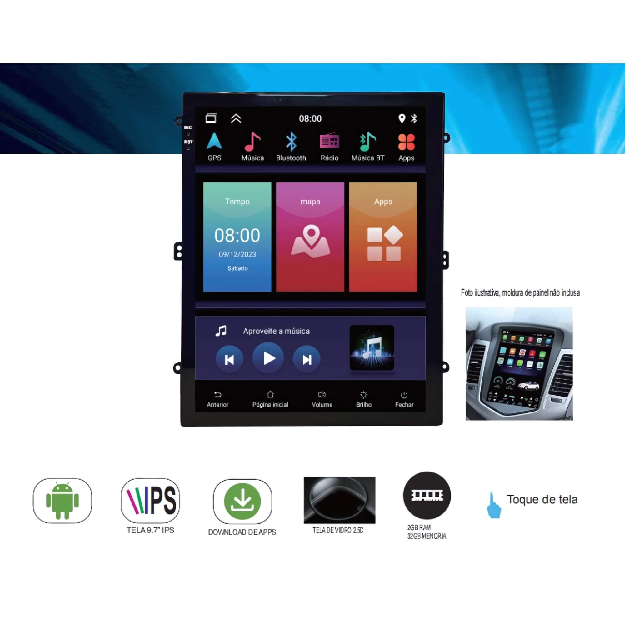 Multimídia Tesla 9,7" Full Touch 2+32 GB Android 13 Função CarPlay Android Auto H-Tech-HT-9725CA