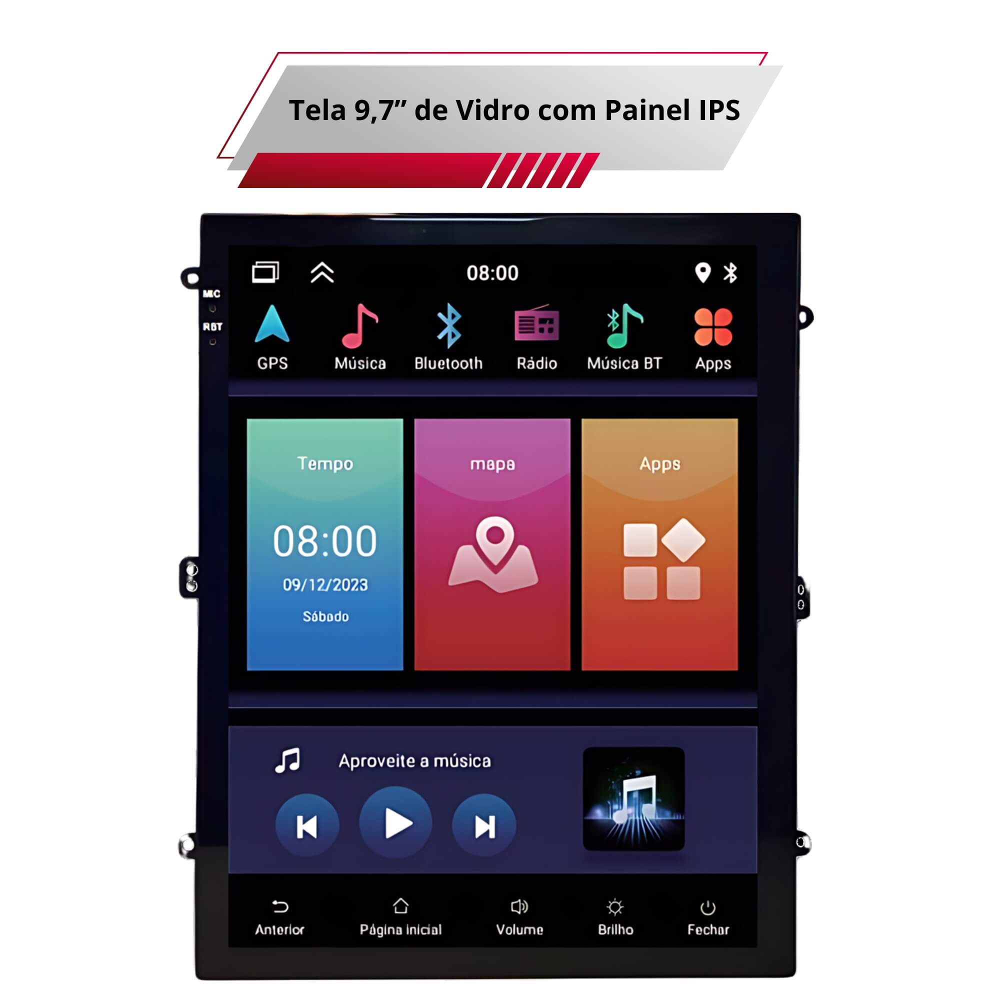Multimídia Tesla 9,7" Full Touch 2+32 GB Android 13 Função CarPlay Android Auto H-Tech-HT-9725CA