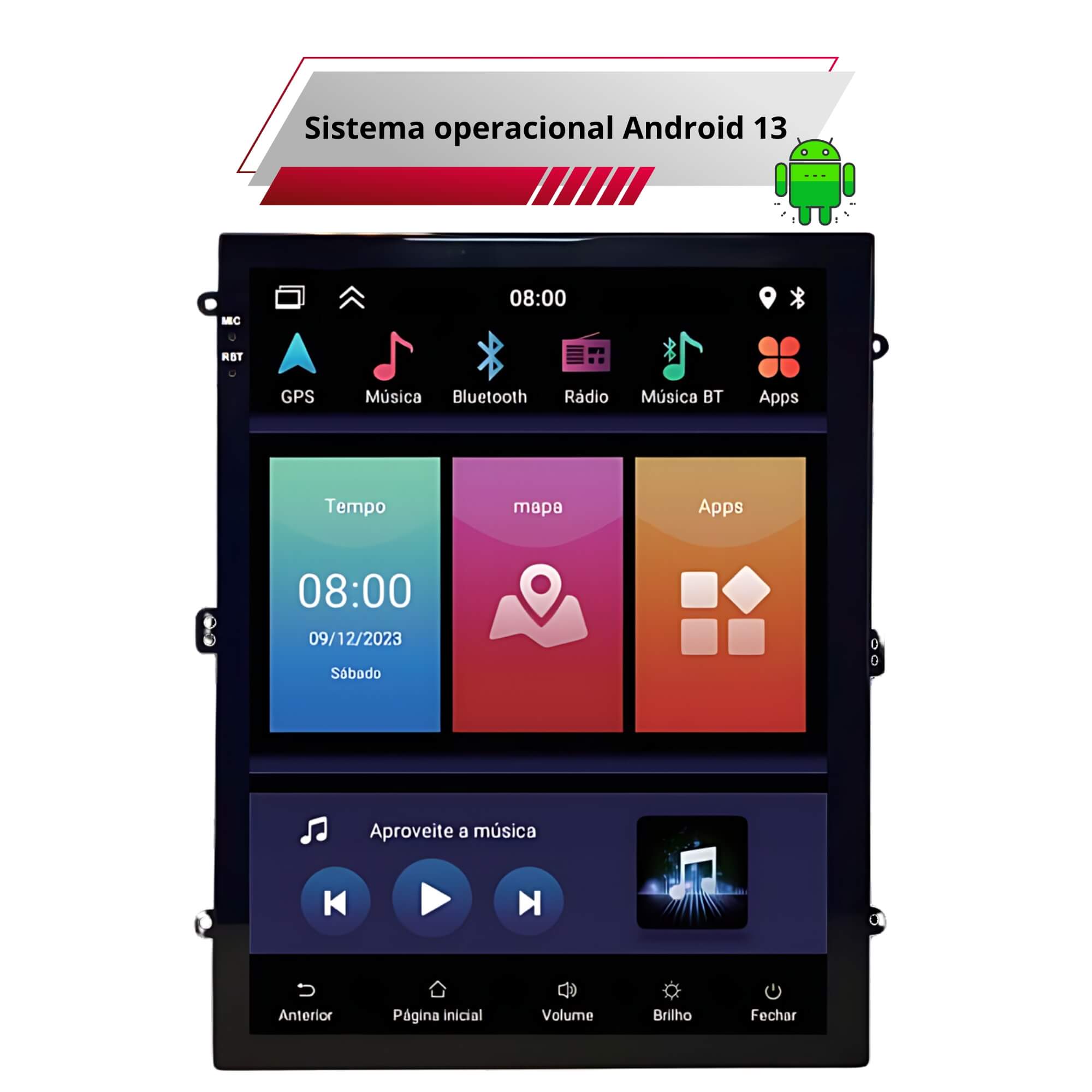 Multimídia Tesla 9,7" Full Touch 2+32 GB Android 13 Função CarPlay Android Auto H-Tech-HT-9725CA