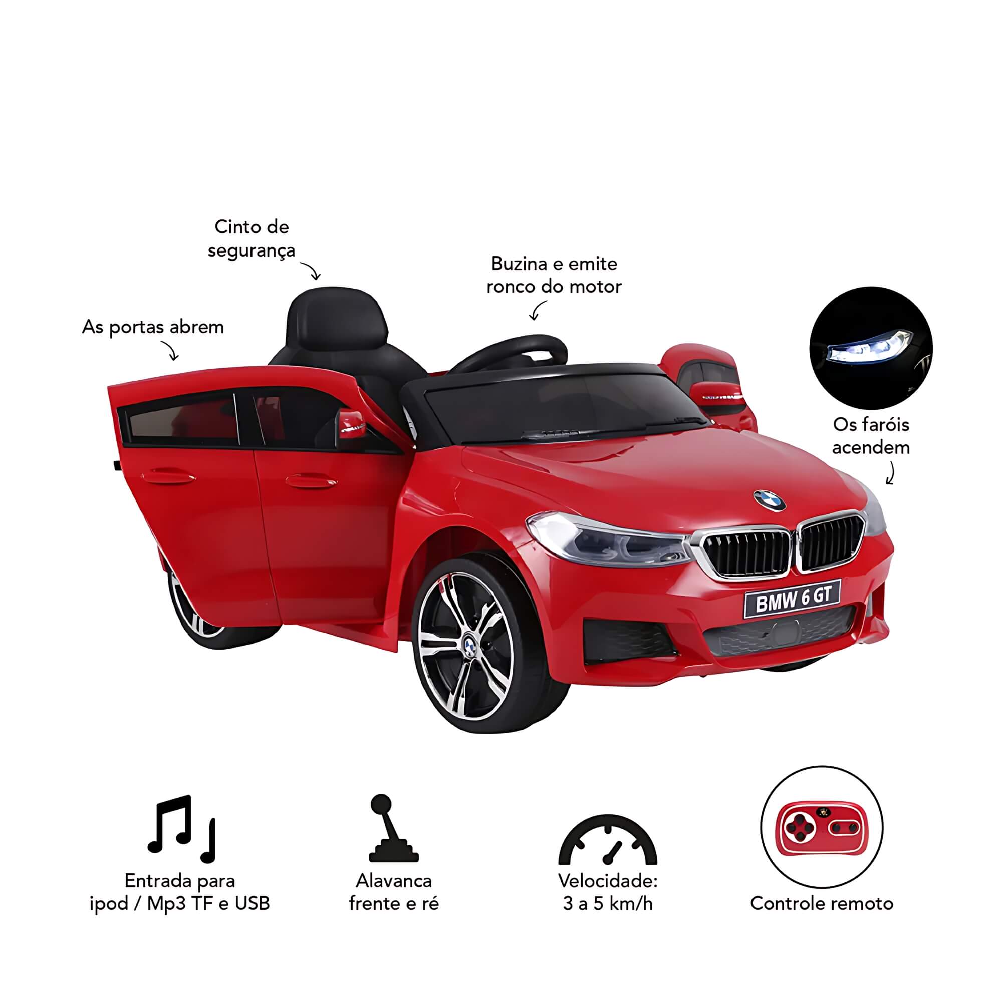 Carrinho Elétrico BMW 6 GT 12V Vermelho com Controle Remoto para Crianças até 30 Kg Bel - 936004