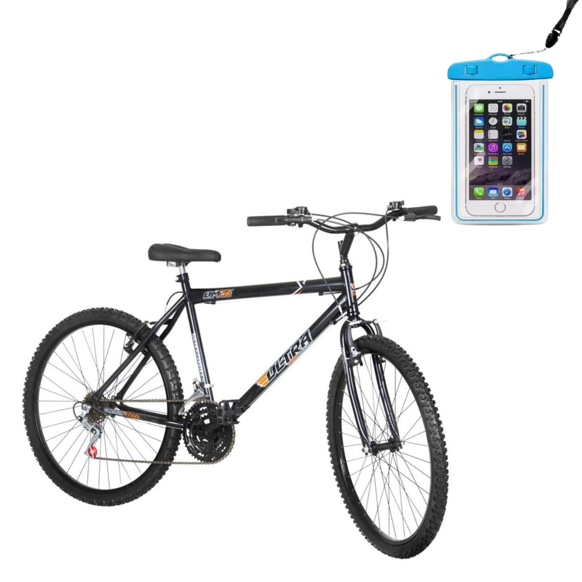 COMP Kit Bicicleta Aro 26 18 Marchas Ultra Bikes Preta BM26-01PT + Brinde Capa p/ Celular Impermeável