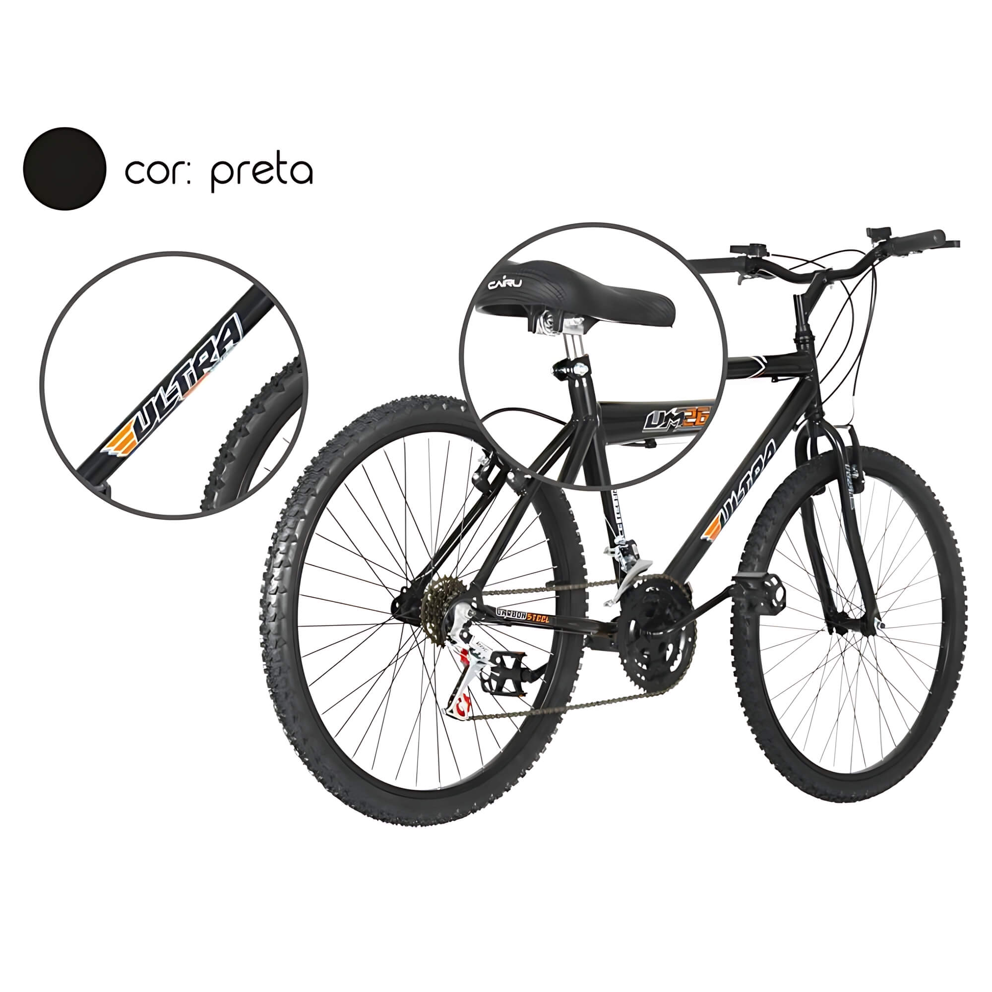 COMP Kit Bicicleta Aro 26 18 Marchas Ultra Bikes Preta BM26-01PT + Brinde Capa p/ Celular Impermeável