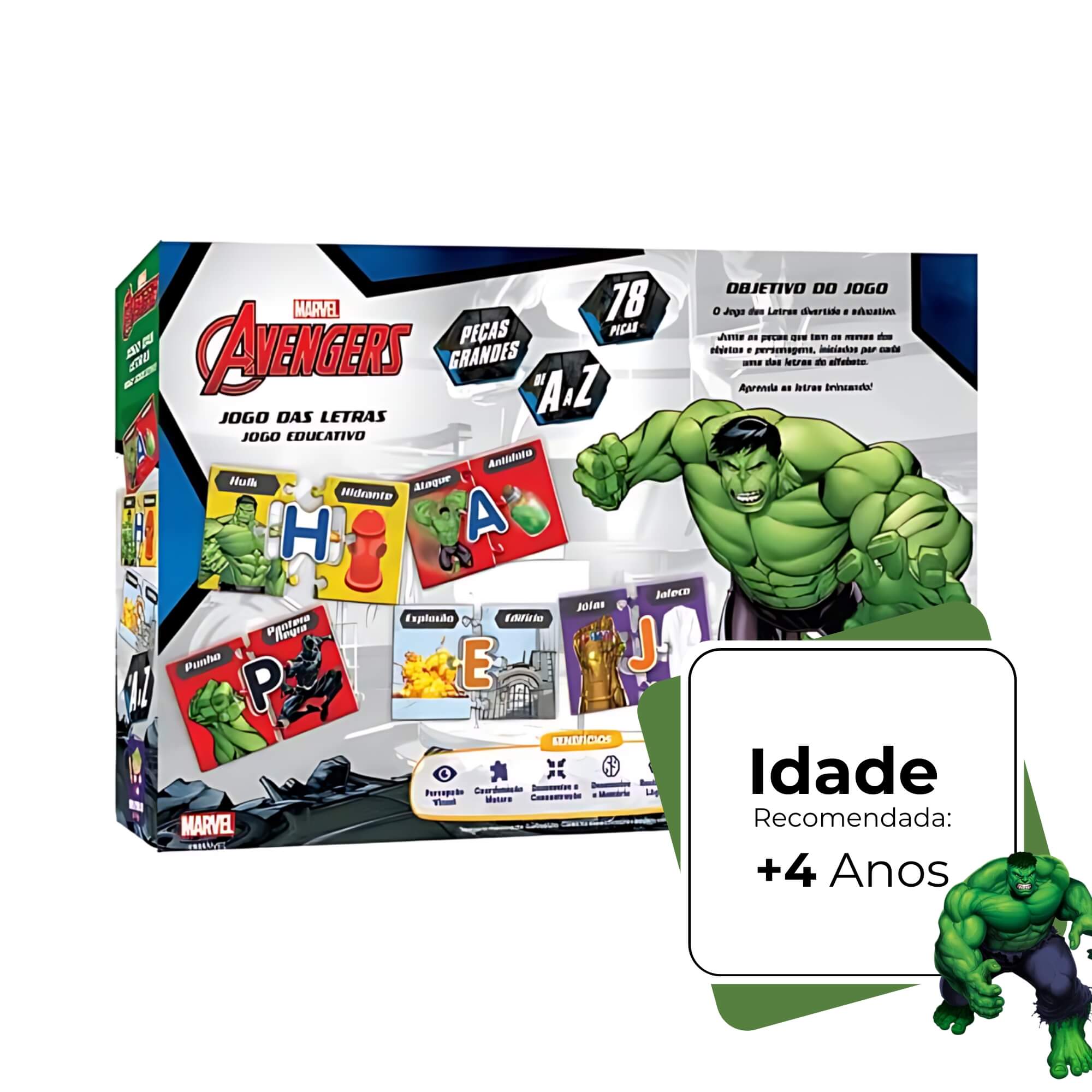 Jogo Educativo das Letras Hulk Avengers 78 Peças Mimo Toys - 1996