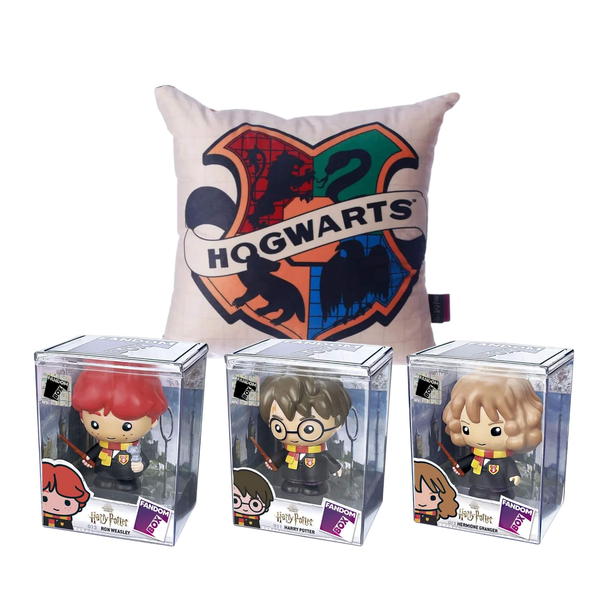 COMP Kit 3 Bonecos Fandom Box + Almofada Hogwarts 40x40 Coleção Harry Potter