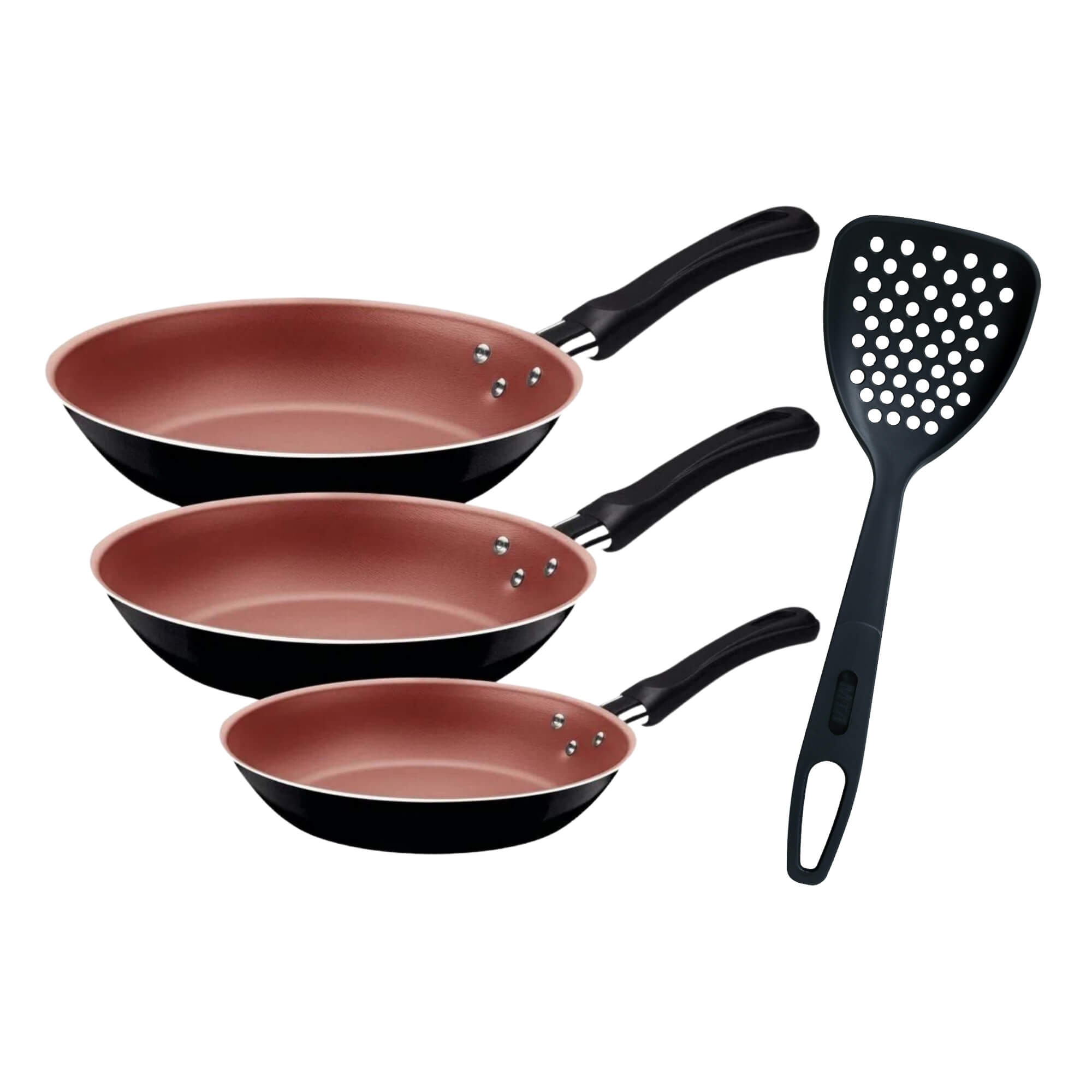 COMP Jogo de Frigideiras Antiaderente 3 Peças Caribe Tramontina + 1x Escumadeira Preta de Nylon MTA