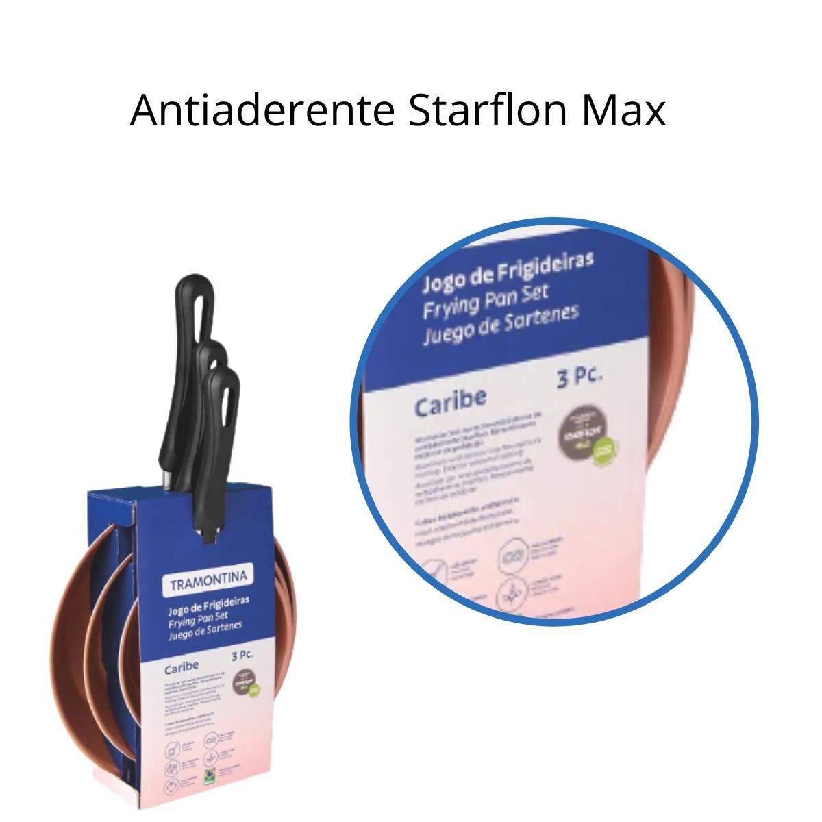 COMP Jogo de Frigideiras Antiaderente 3 Peças Caribe Tramontina + 1x Escumadeira Preta de Nylon MTA