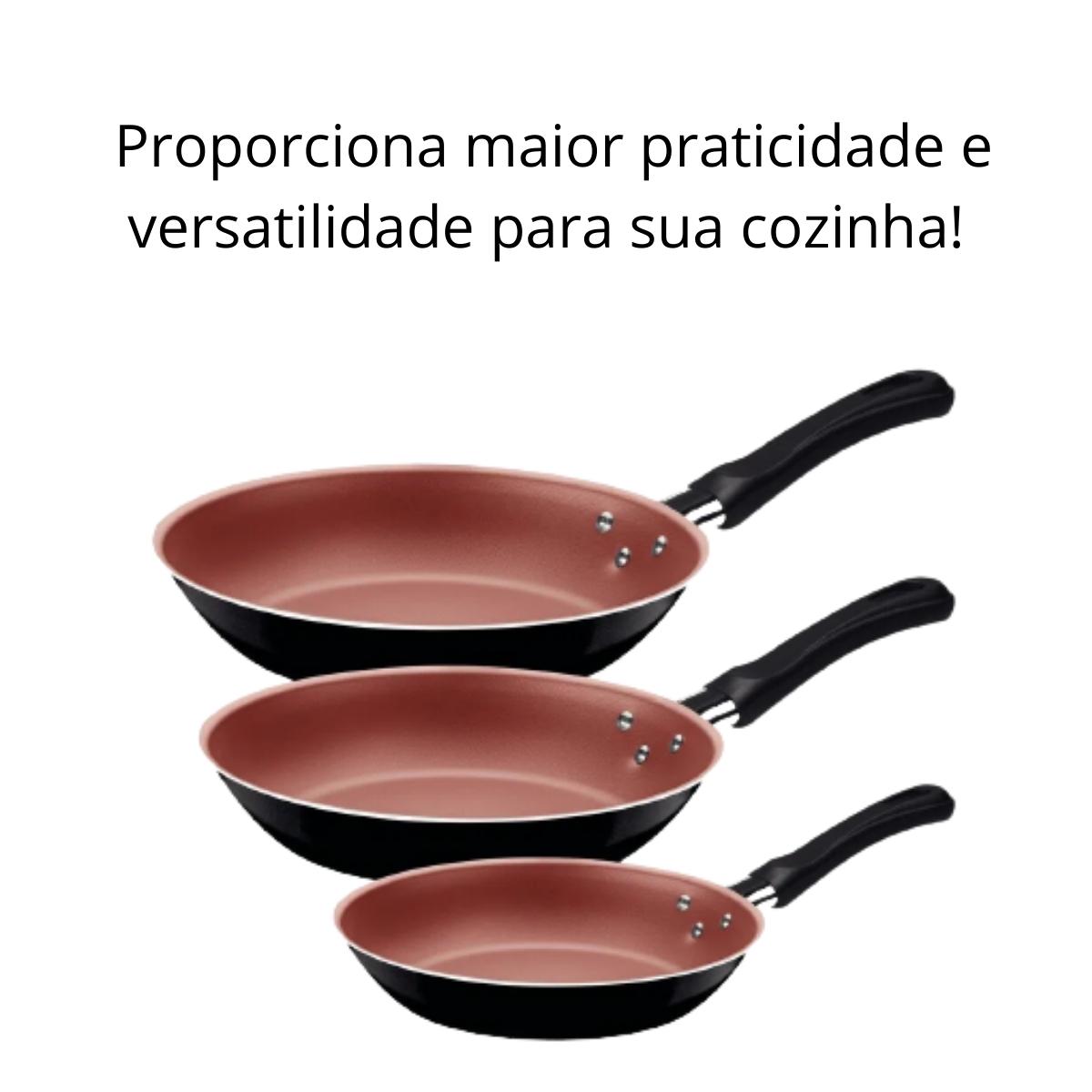 COMP Jogo de Frigideiras Antiaderente 3 Peças Caribe Tramontina + 1x Escumadeira Preta de Nylon MTA