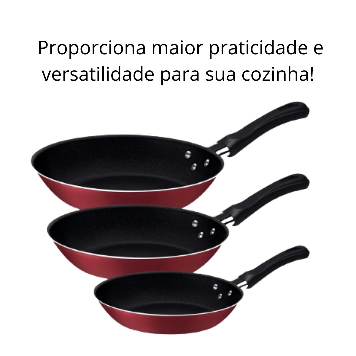 COMP Jogo de Frigideiras Antiaderente Caribe 3 Peças Tramontina + Escumadeira Vinho MTA
