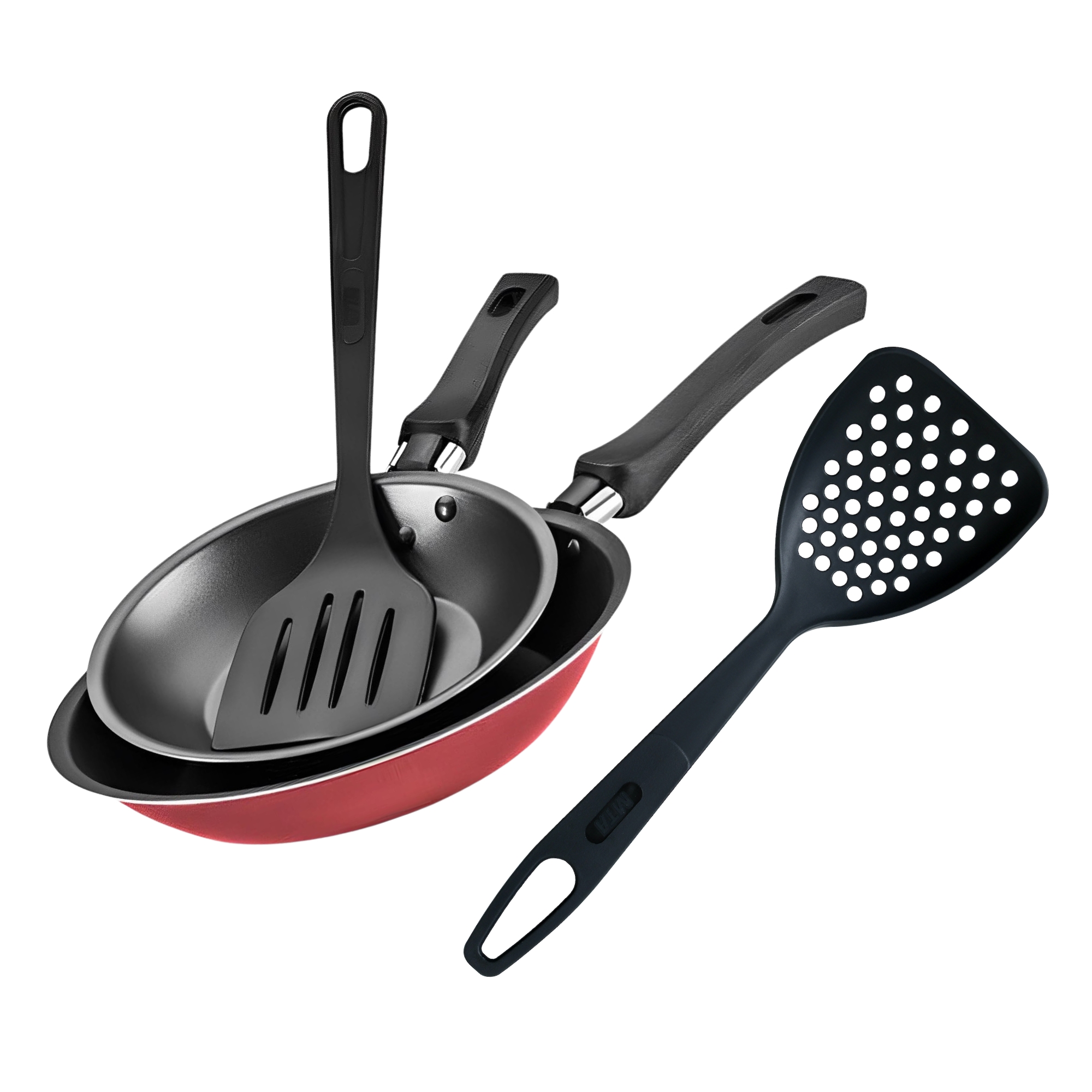 COMP Jogo C/ 2 Frigideiras C/ Espátula Antiaderente Vermelho Cereja + Escumadeira Nylon Preto - MTA