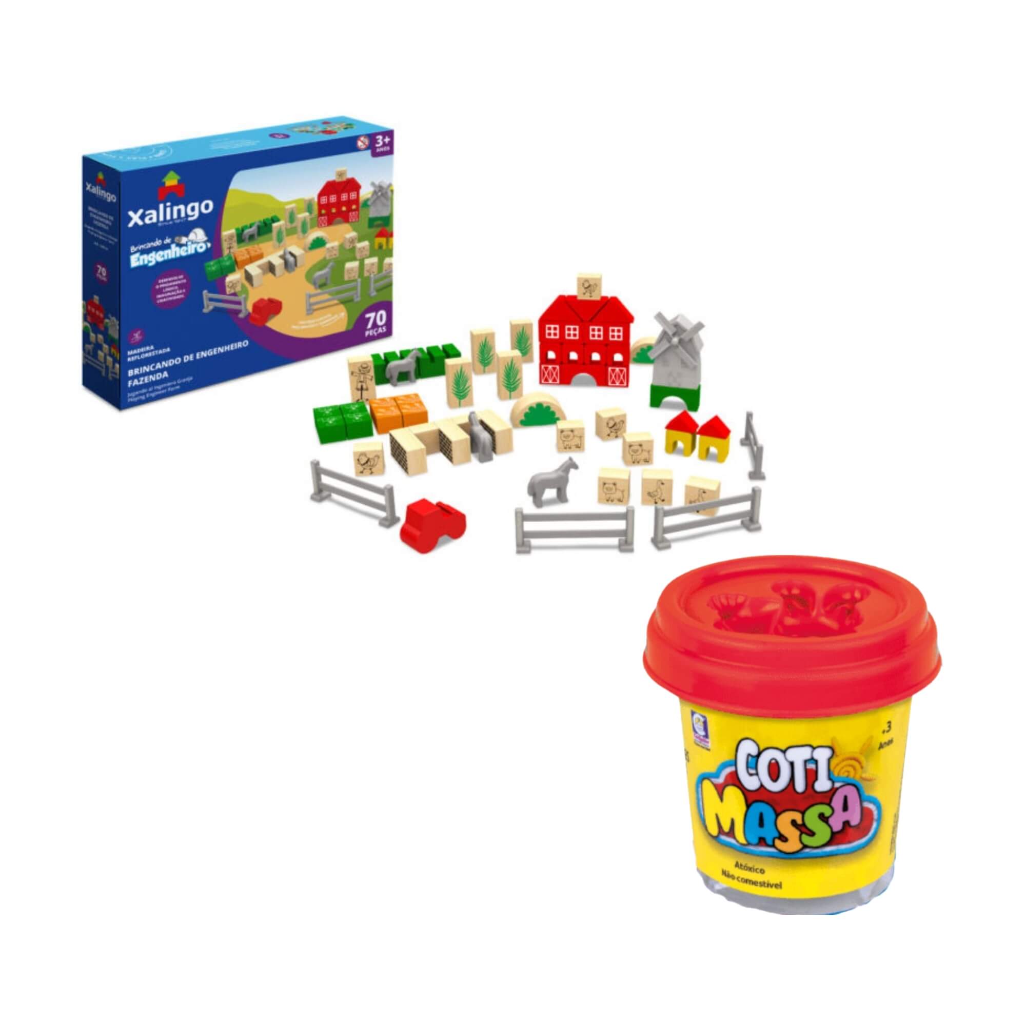 COMP Brinquedo de Montar Engenheiro Fazenda 70 Pçs Madeira 3D Xalingo + Brinde Massinha Cotiplas
