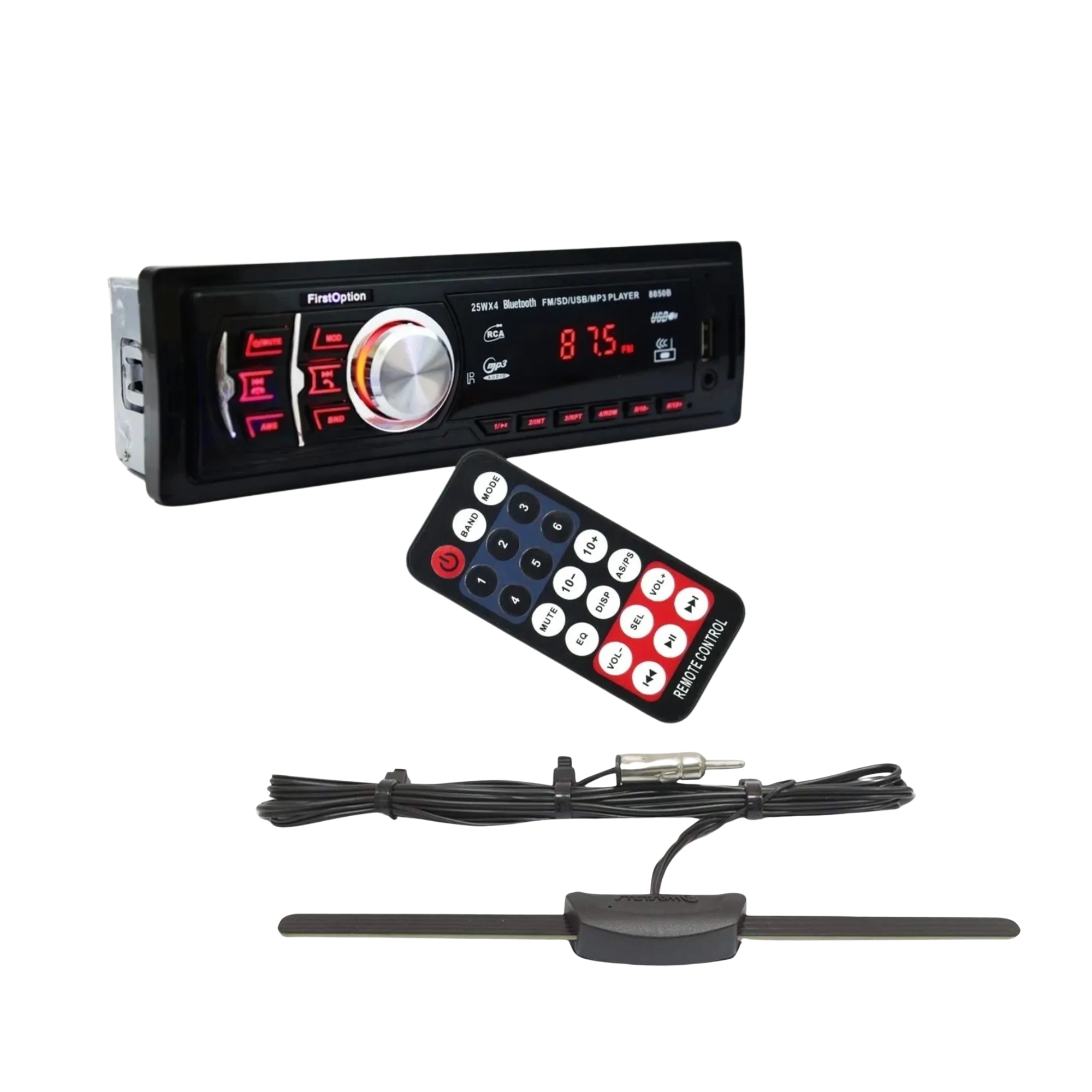 COMP Som Automotivo MP3/BT/SDCARD/FM/USB/AUX C/ Controle FirstOption + Brinde Antena Interna Stetsom