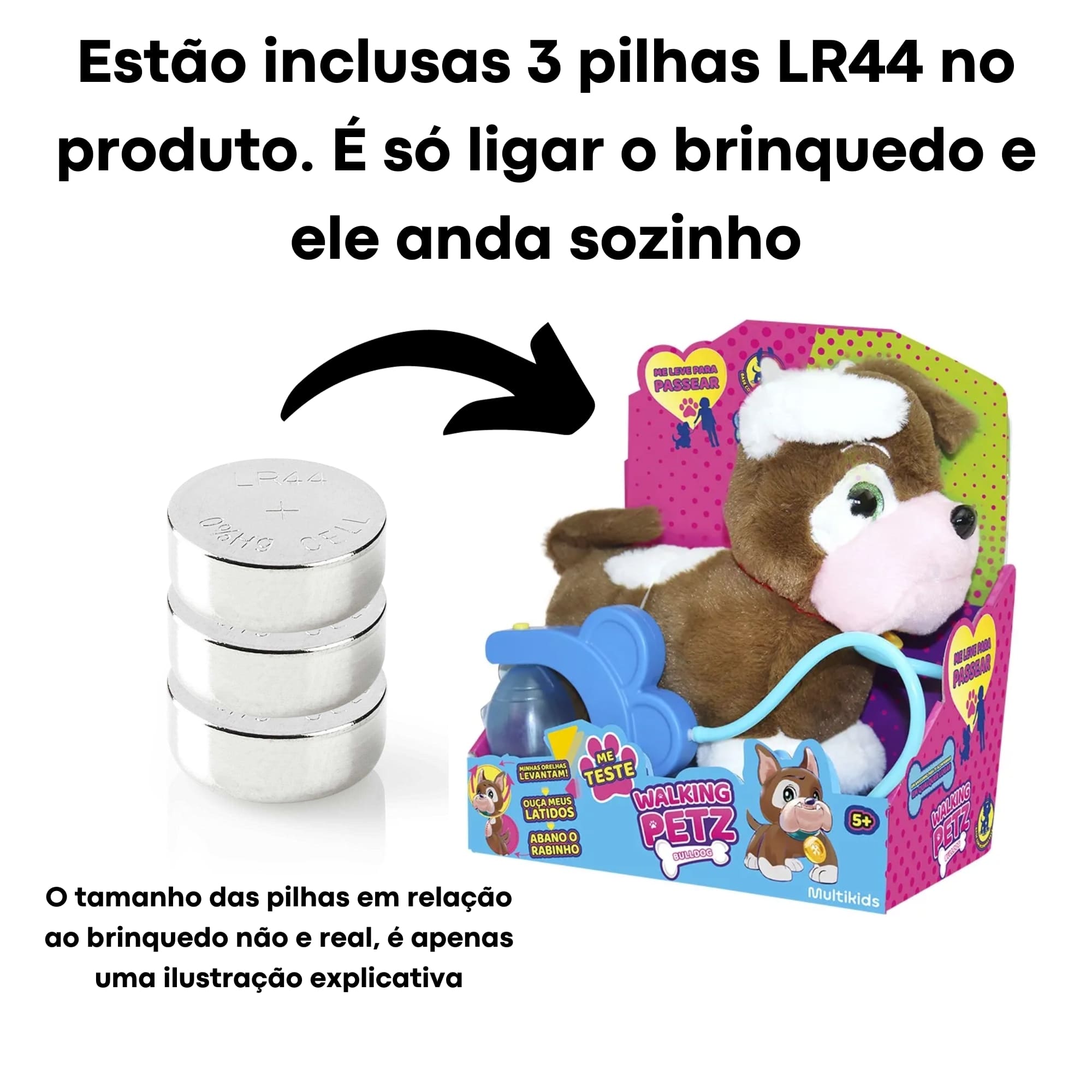 VAR Brinquedo Pelúcia Interativo C/Coleira Walking Petz C/ Sons e Movimentos - MultiKids Buldog