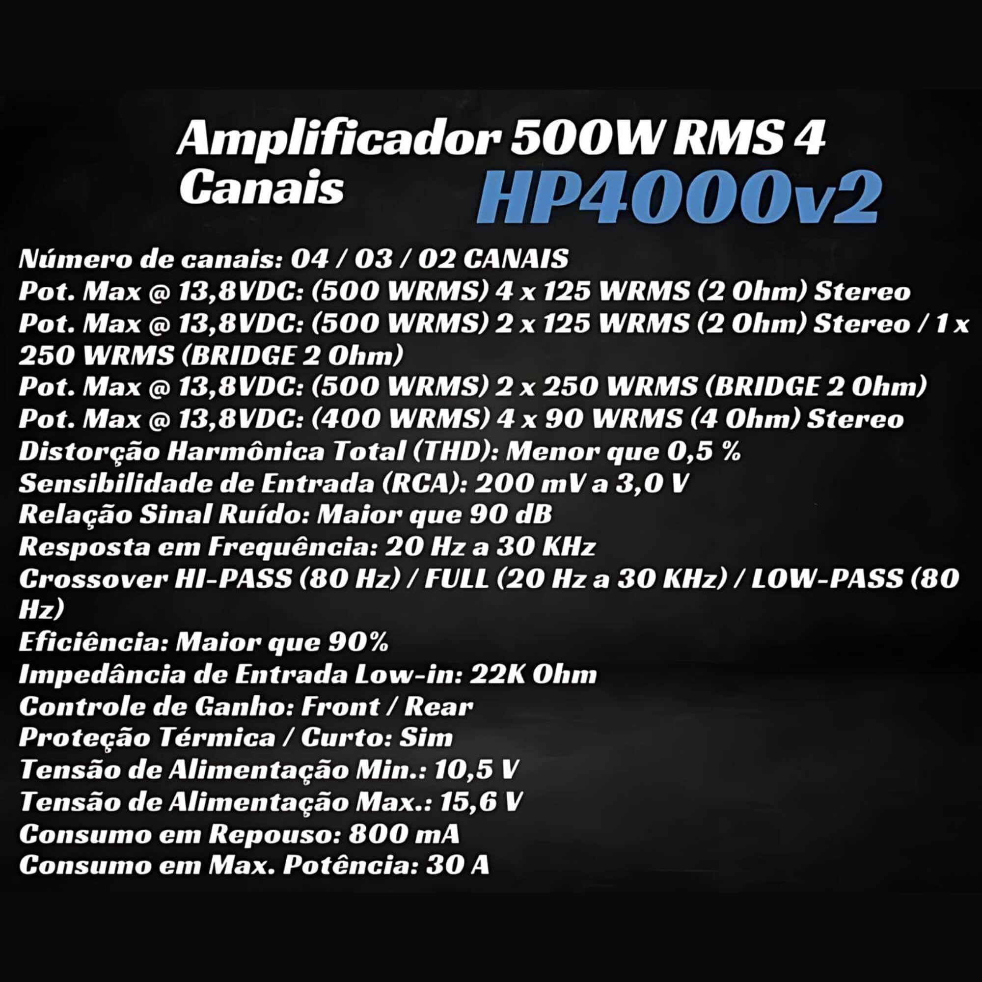 Amplificador 4 Canais 500W RMS: 4X 125W RMS Audiophonic - HP 4000V2