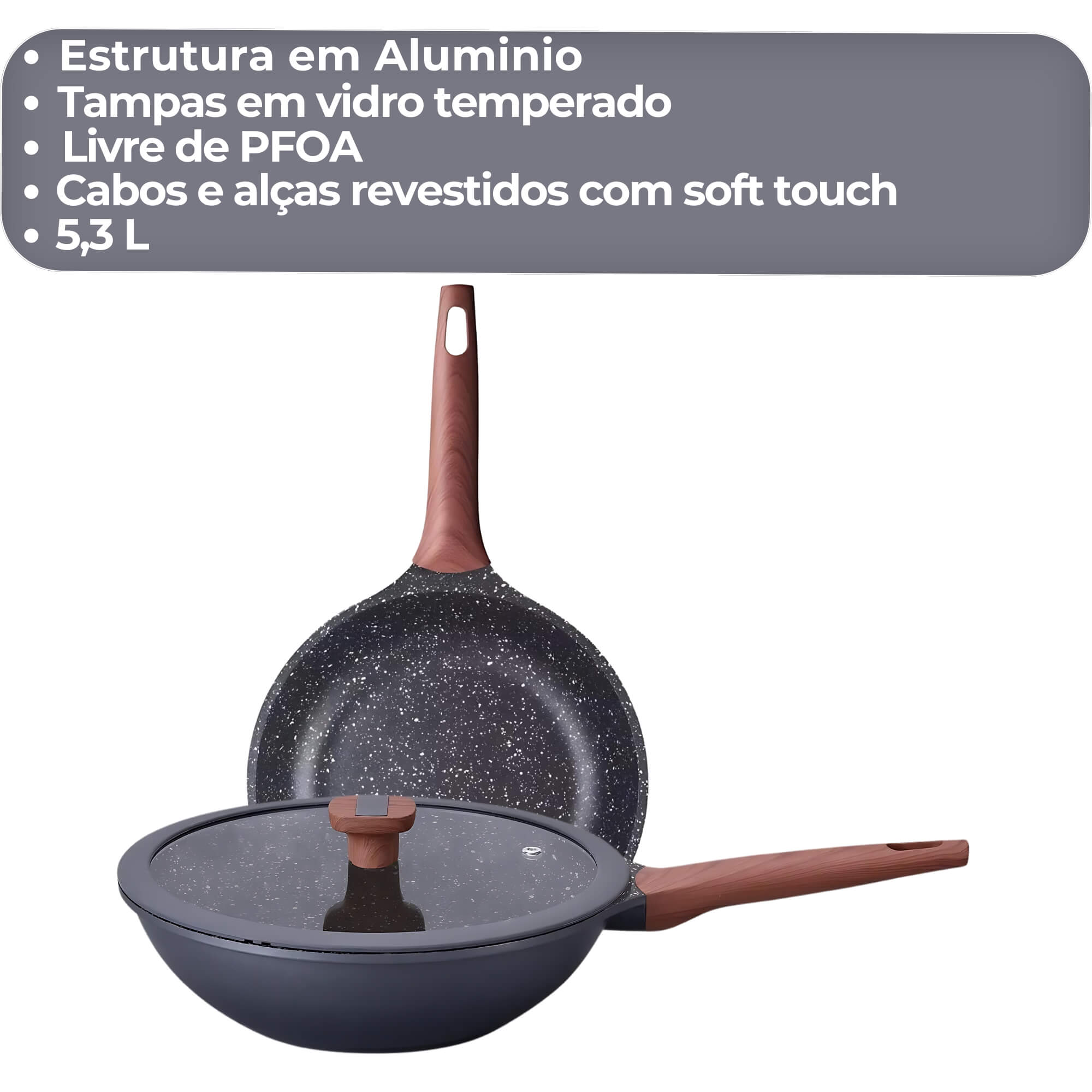 Frigideira Titanium Wok 30cm 5,3L de Aluminio Injetado Antiaderente Ceramico Cinza MTA - 8474