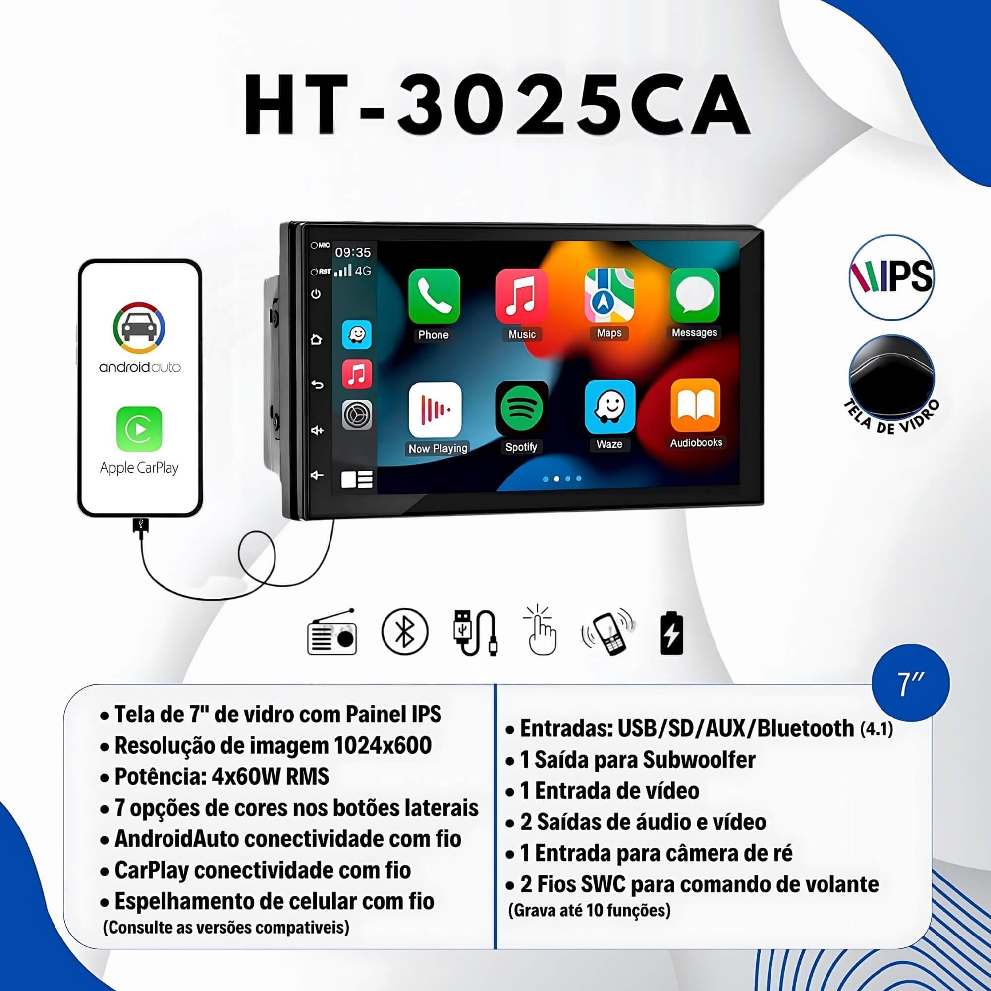Central Multimídia MP5 2din 7" Tela de Vidro Painel IPS CarPlay/Android Auto H-TECH - HT-3025CA